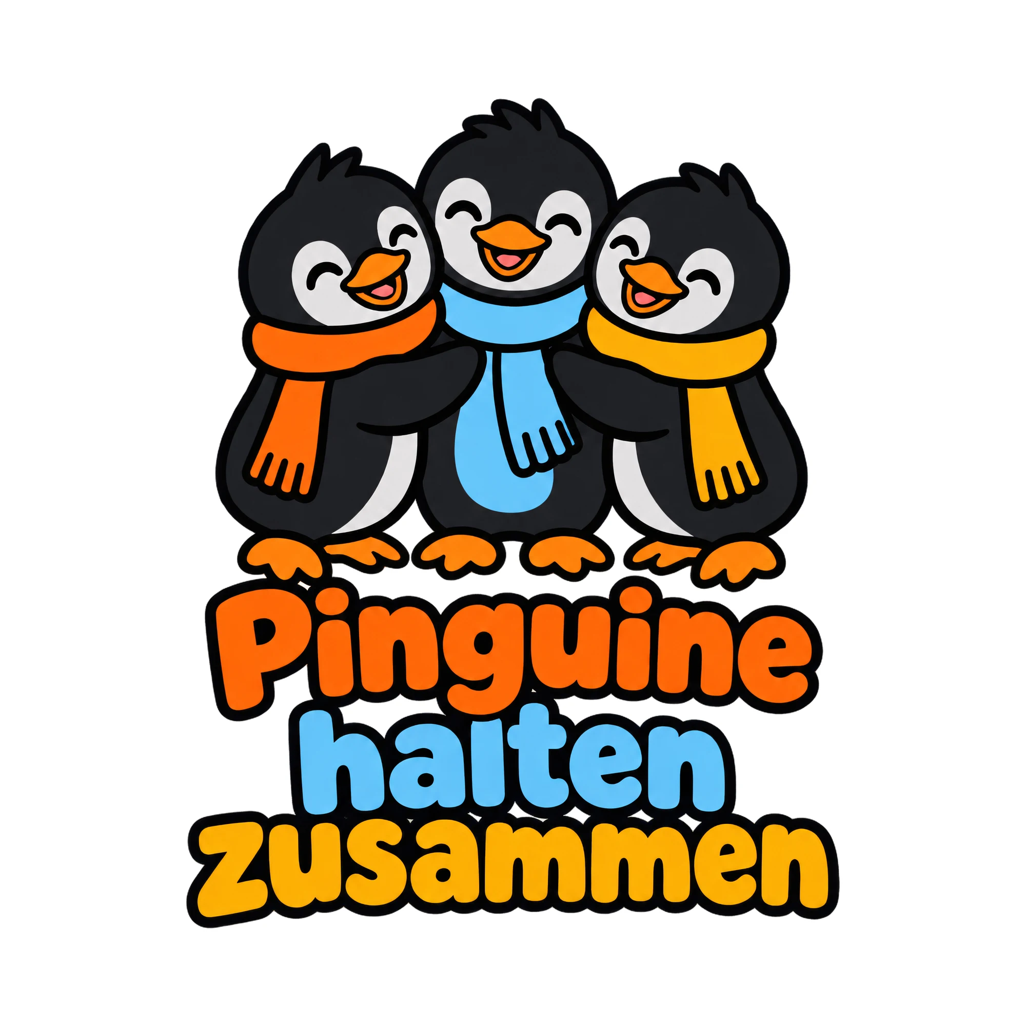 Bügelbild Pinguine halten zusammen als Grafik auf weißem Hintergrund (BB018589)