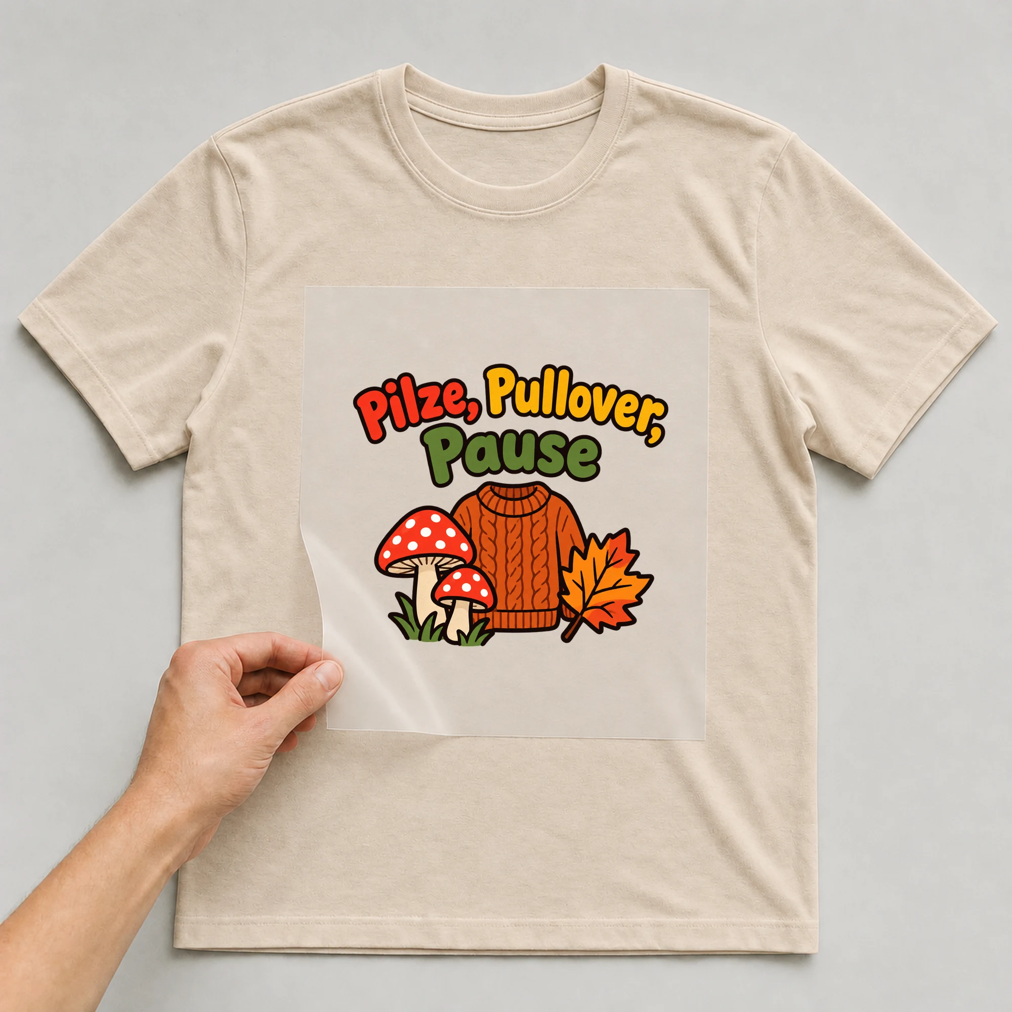 Bügelbild „Pilze, Pullover, Pause“ auf beigem T-Shirt, Folie wird aufgelegt