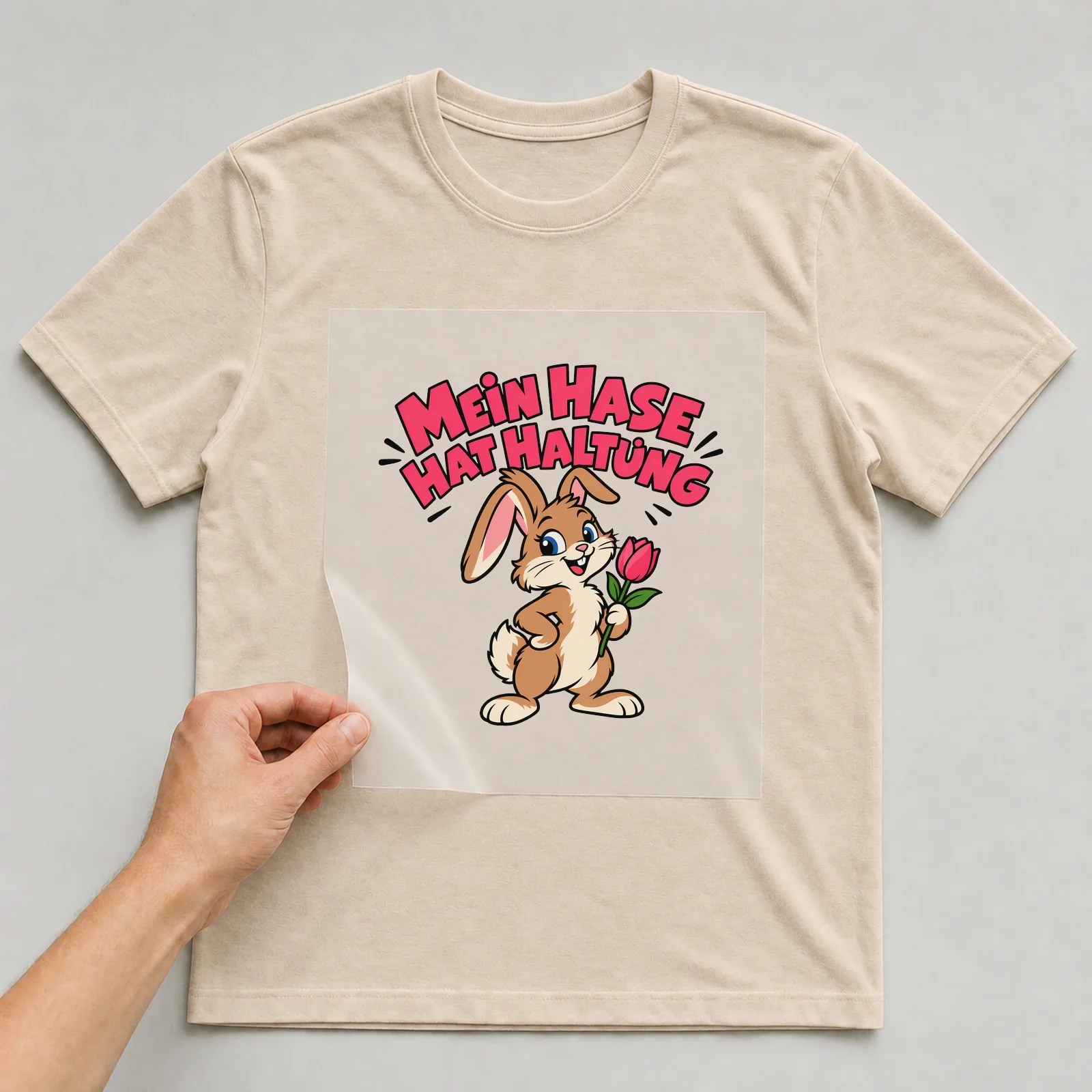 Bügelbild „Mein Hase hat Haltung“ auf beigem T-Shirt, Folie wird aufgelegt