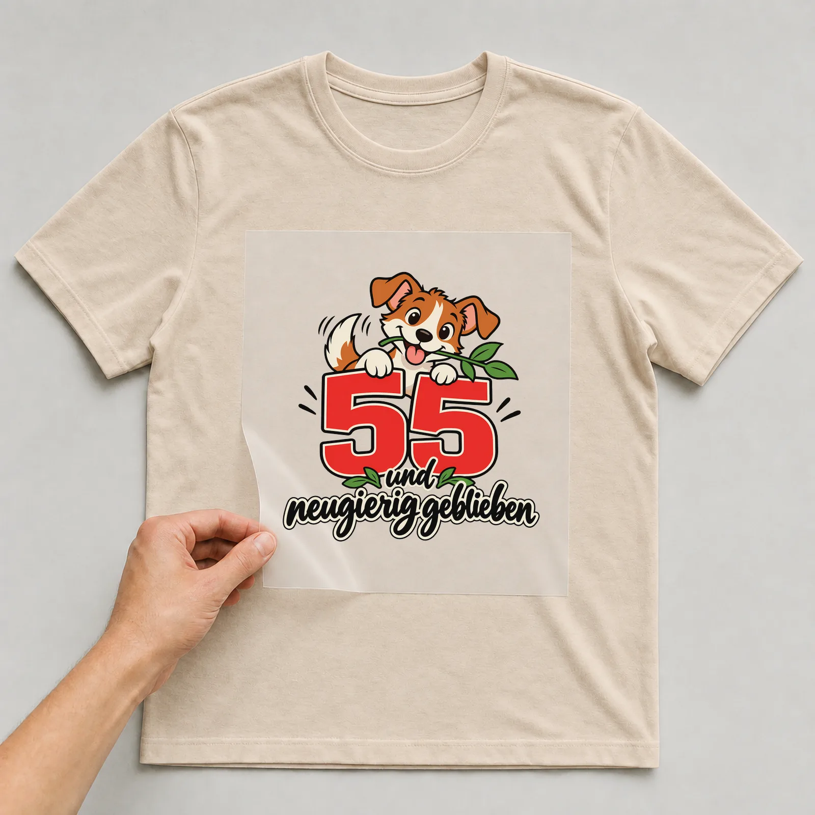 Bügelbild „55 und neugierig geblieben“ auf beigem T-Shirt, Folie wird aufgelegt