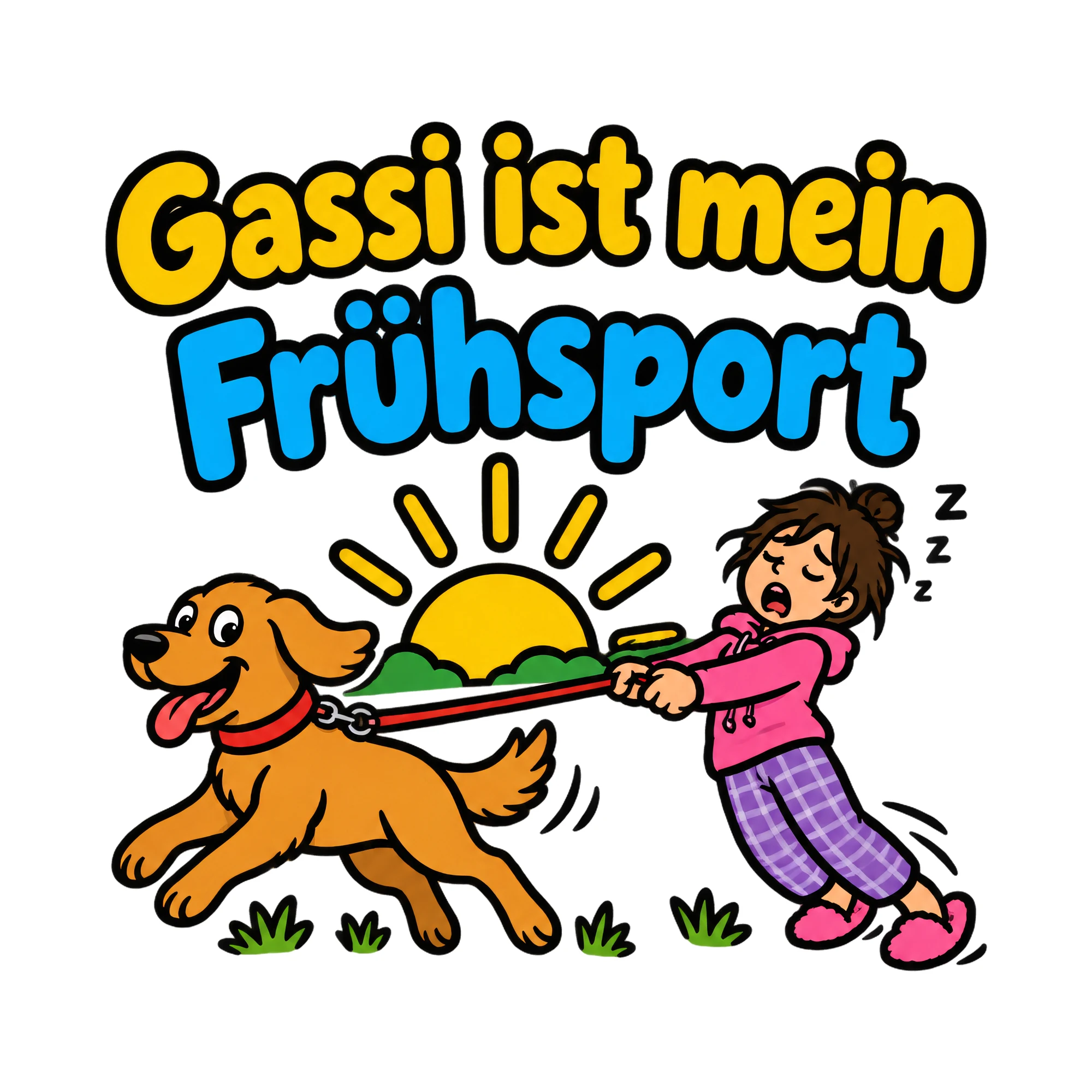 Bügelbild Gassi ist mein Frühsport als Grafik auf weißem Hintergrund (BB019755)