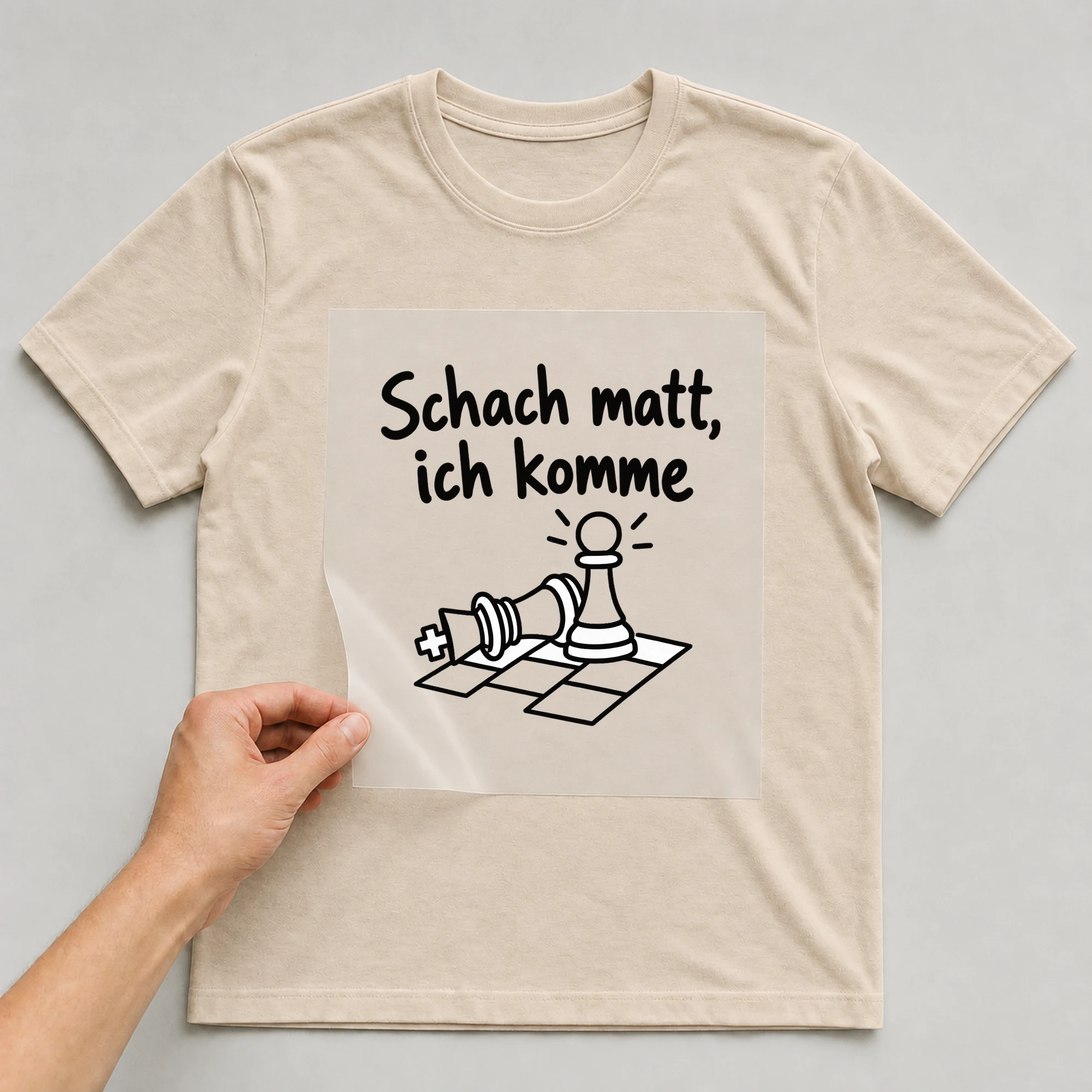 Bügelbild „Schach matt, ich komme“ auf beigem T-Shirt, Folie wird aufgelegt