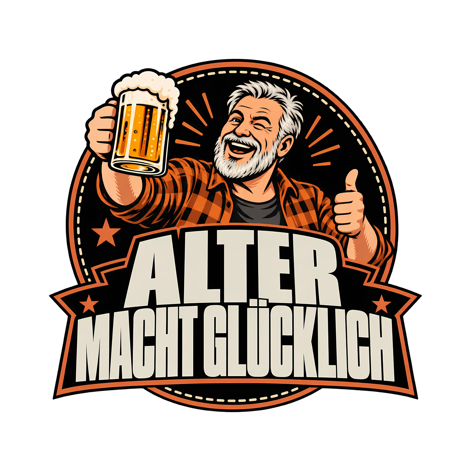 Bügelbild Alter macht glücklich als Grafik auf weißem Hintergrund (BB012550)