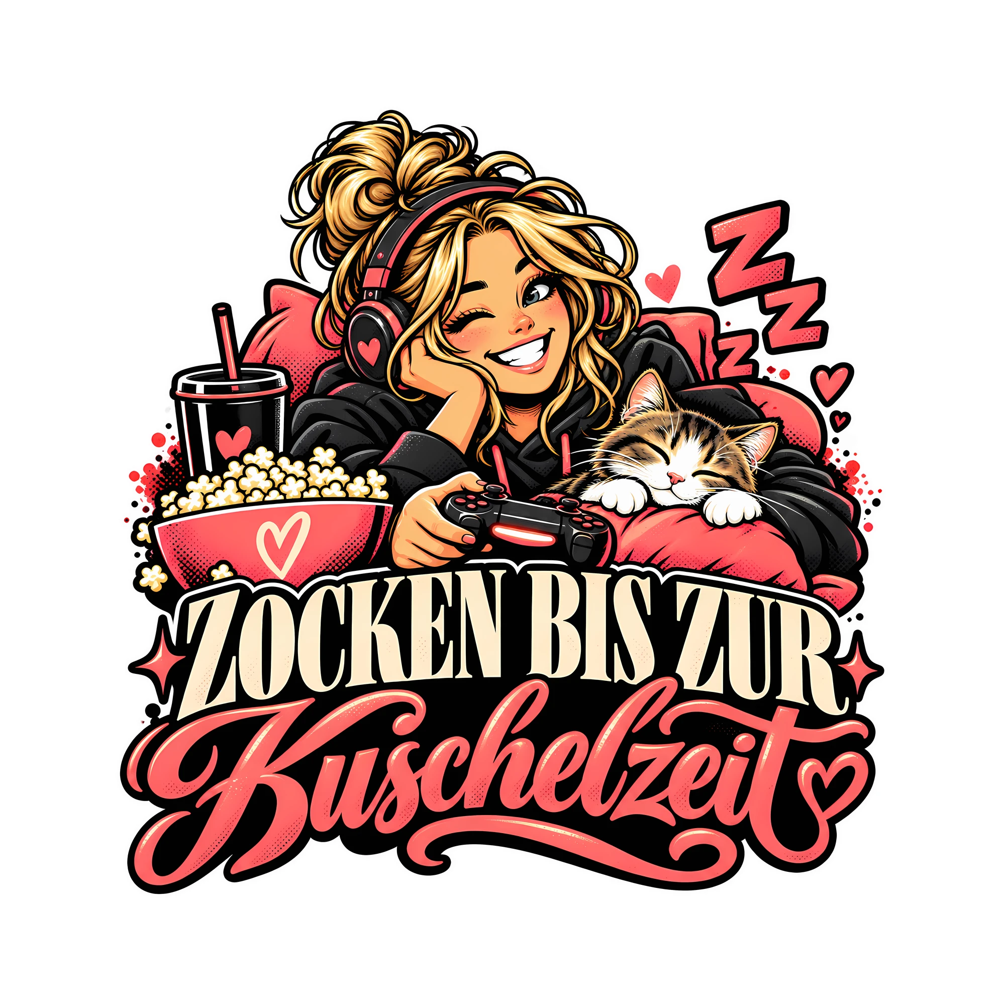 Bügelbild Zocken bis zur Kuschelzeit als Grafik auf weißem Hintergrund (BB012834)