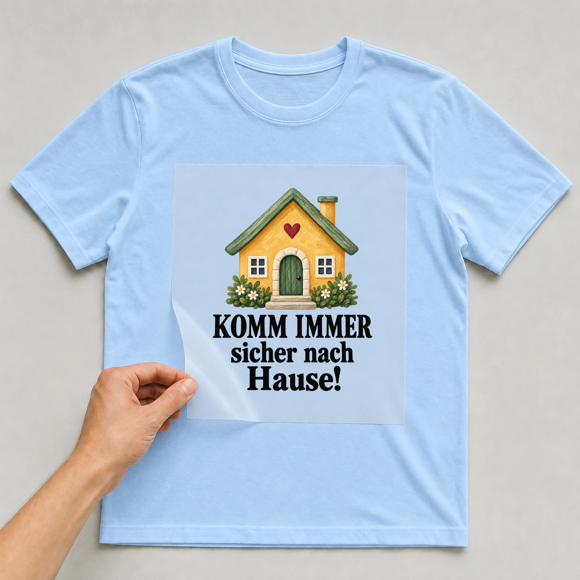 Bügelbild „Komm Immer Sicher Nach Hause!“ auf babyblauem T-Shirt, Folie wird aufgelegt