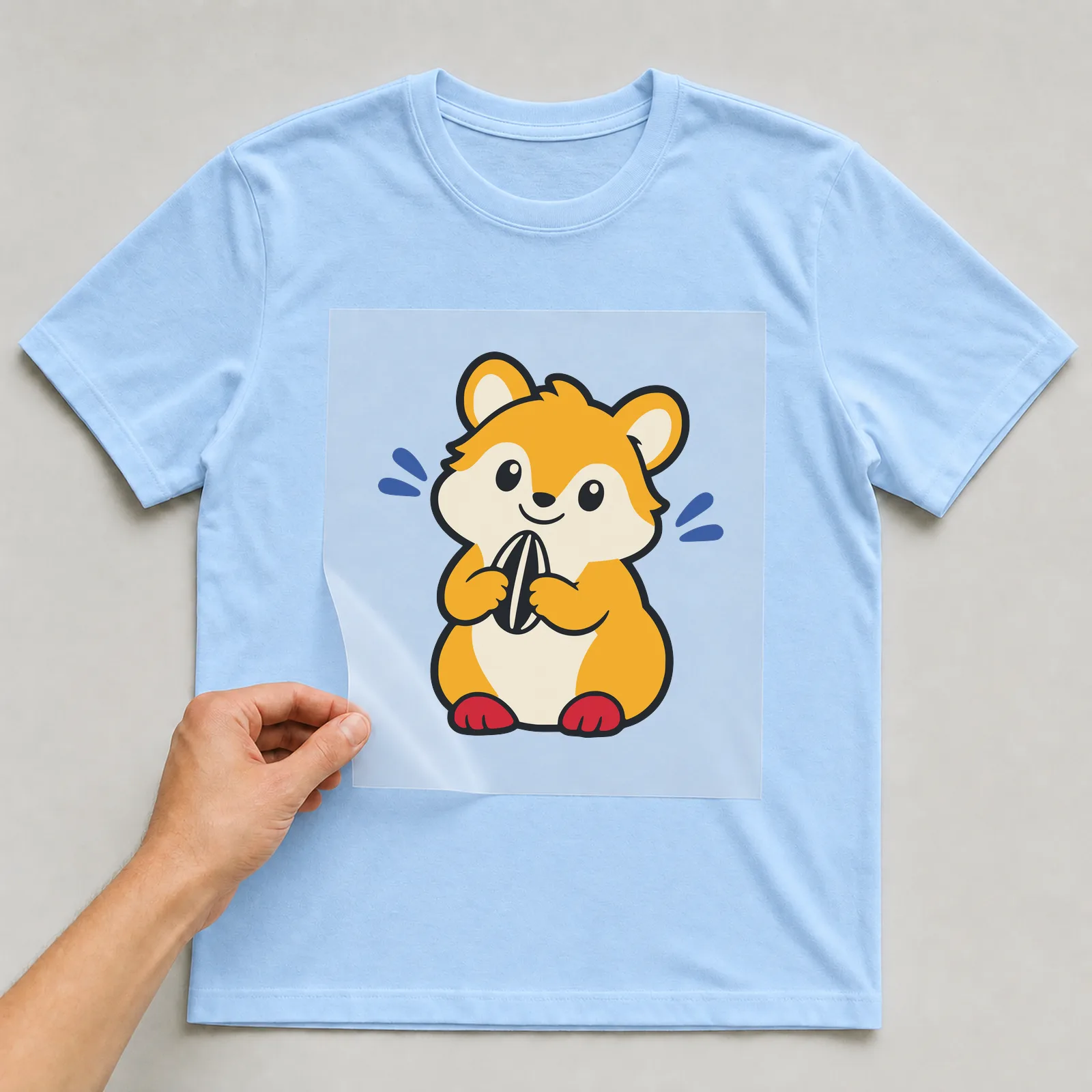 Bügelbild Hamster im Comic-Stil auf hellblauem T-Shirt, Folie wird aufgelegt
