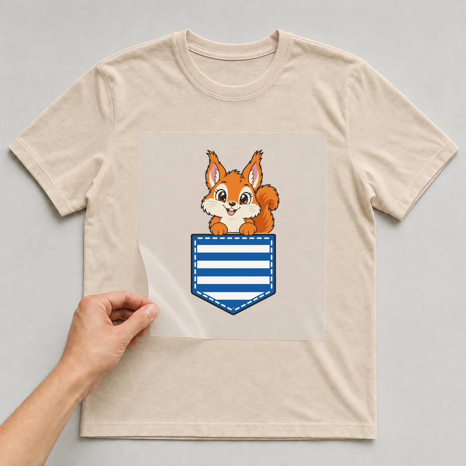 Bügelbild Brusttasche Eichhörnchen auf beigem T-Shirt, Folie wird aufgelegt