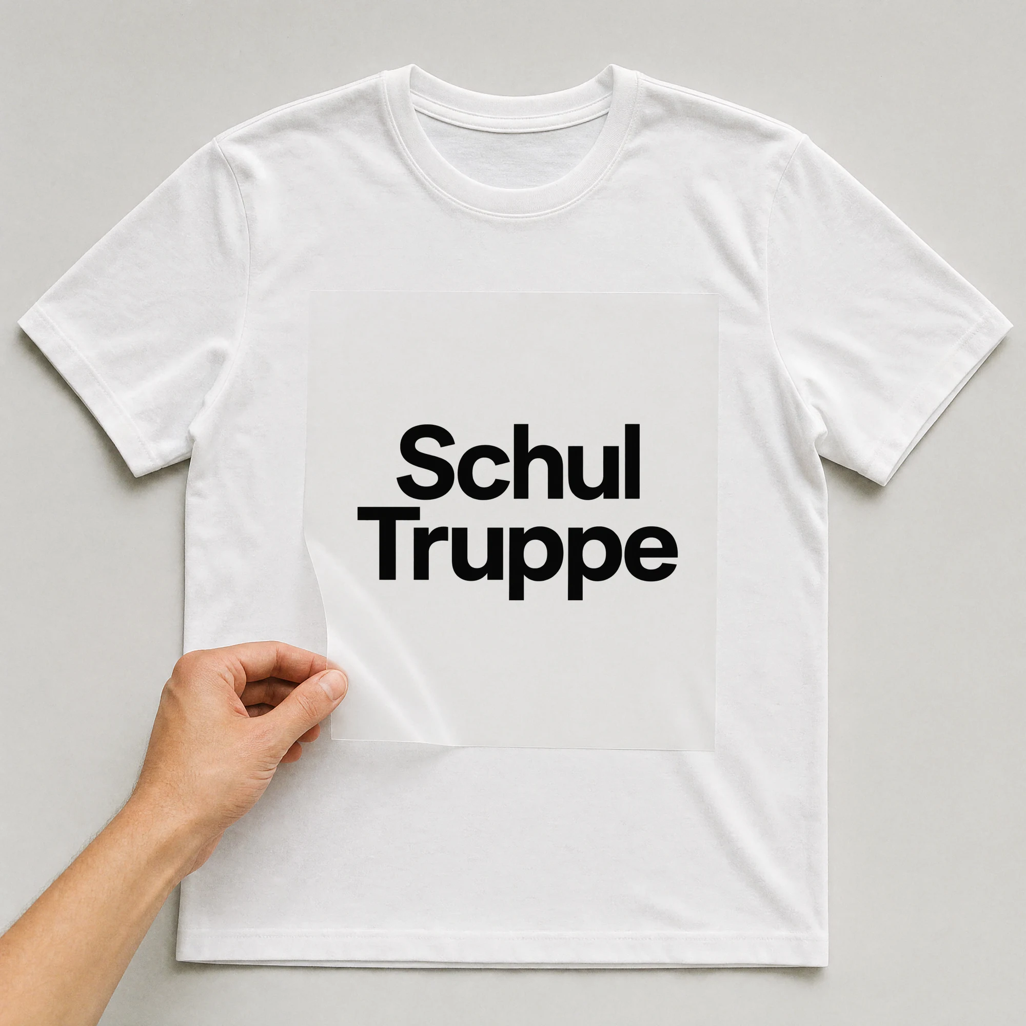 Bügelbild „Schul Truppe“ auf weißem T-Shirt, Folie wird aufgelegt