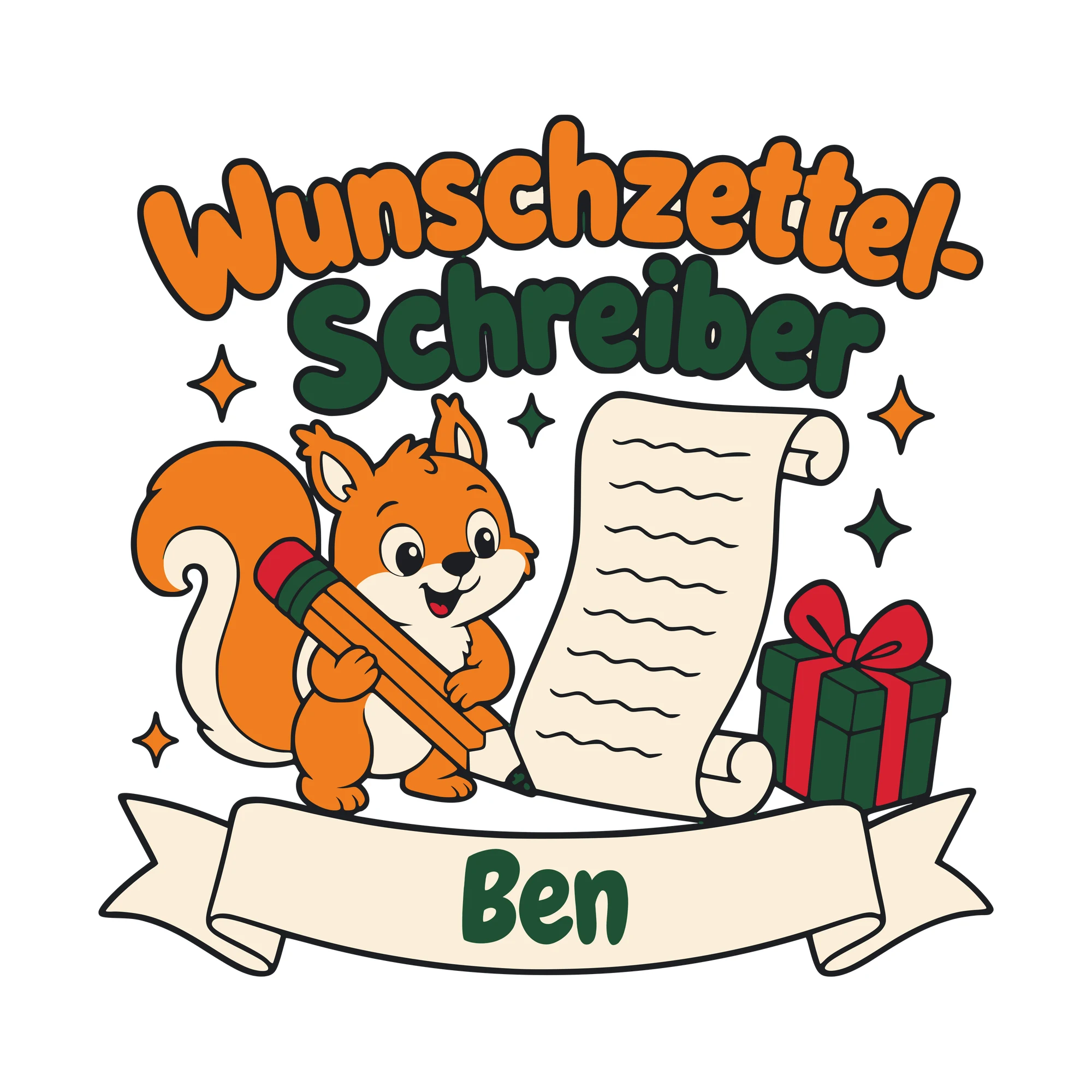 Bügelbild Wunschzettel-Schreiber mit Name als Grafik auf weißem Hintergrund (BB010491)