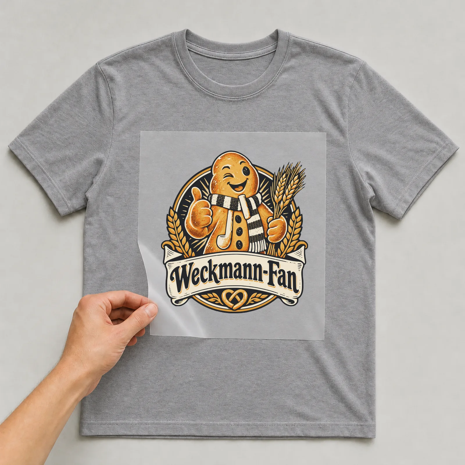 Bügelbild Weckmann-Fan auf grauem T-Shirt, Folie wird aufgelegt