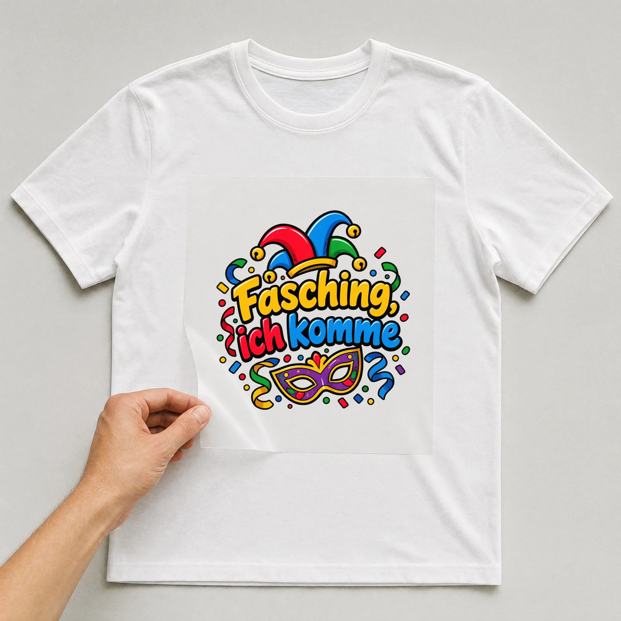 Bügelbild „Fasching, ich komme“ auf weißem T-Shirt, Folie wird aufgelegt