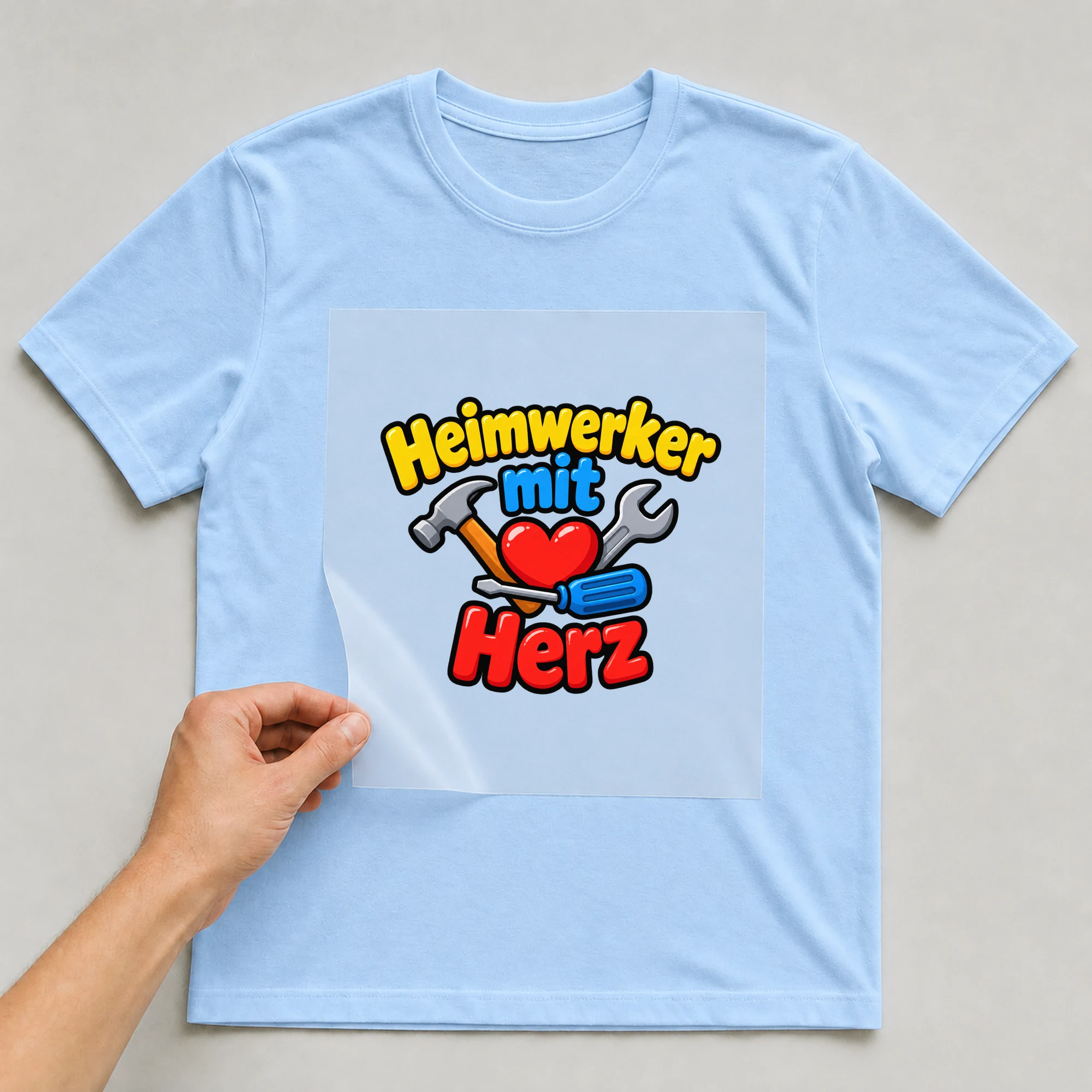 Bügelbild „Heimwerker mit Herz“ auf babyblauem T-Shirt, Folie wird aufgelegt