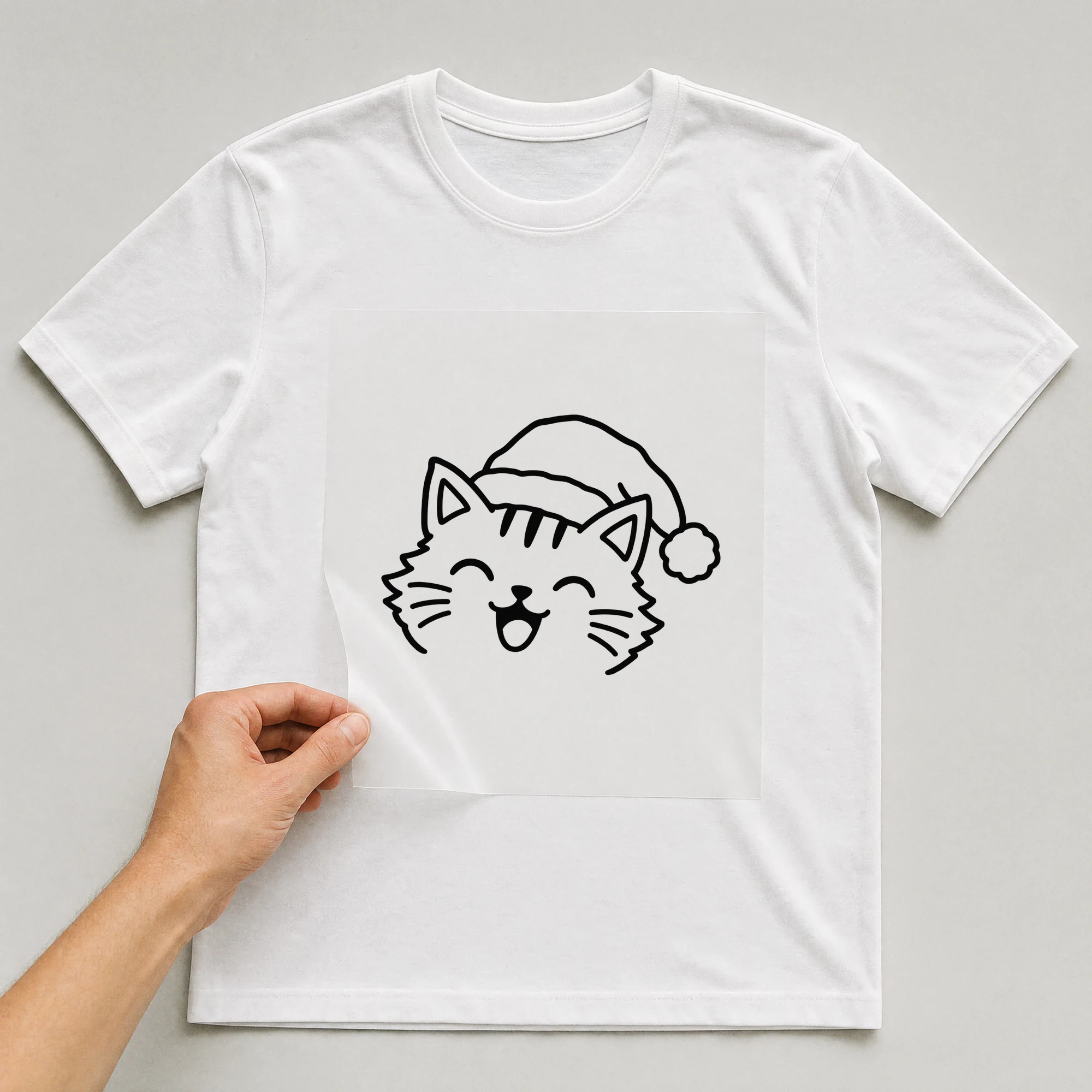 Bügelbild „Weihnachtskatze“ auf weißem T-Shirt, Folie wird aufgelegt
