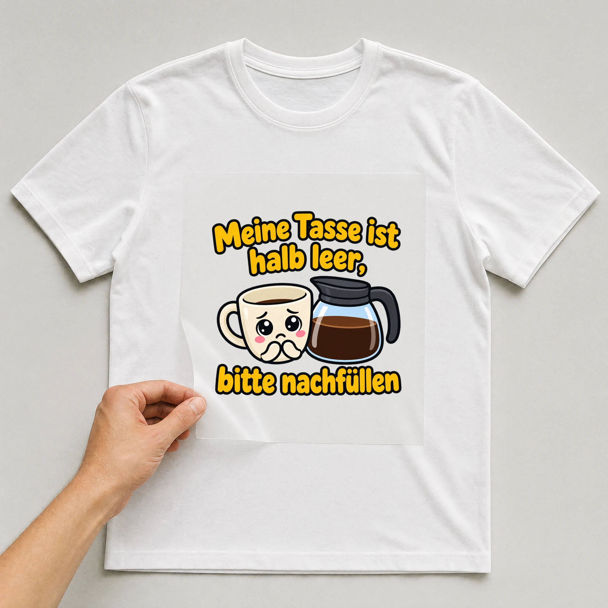 Bügelbild „Meine Tasse ist halb leer, bitte nachfüllen“ auf weißem T-Shirt, Folie wird aufgelegt
