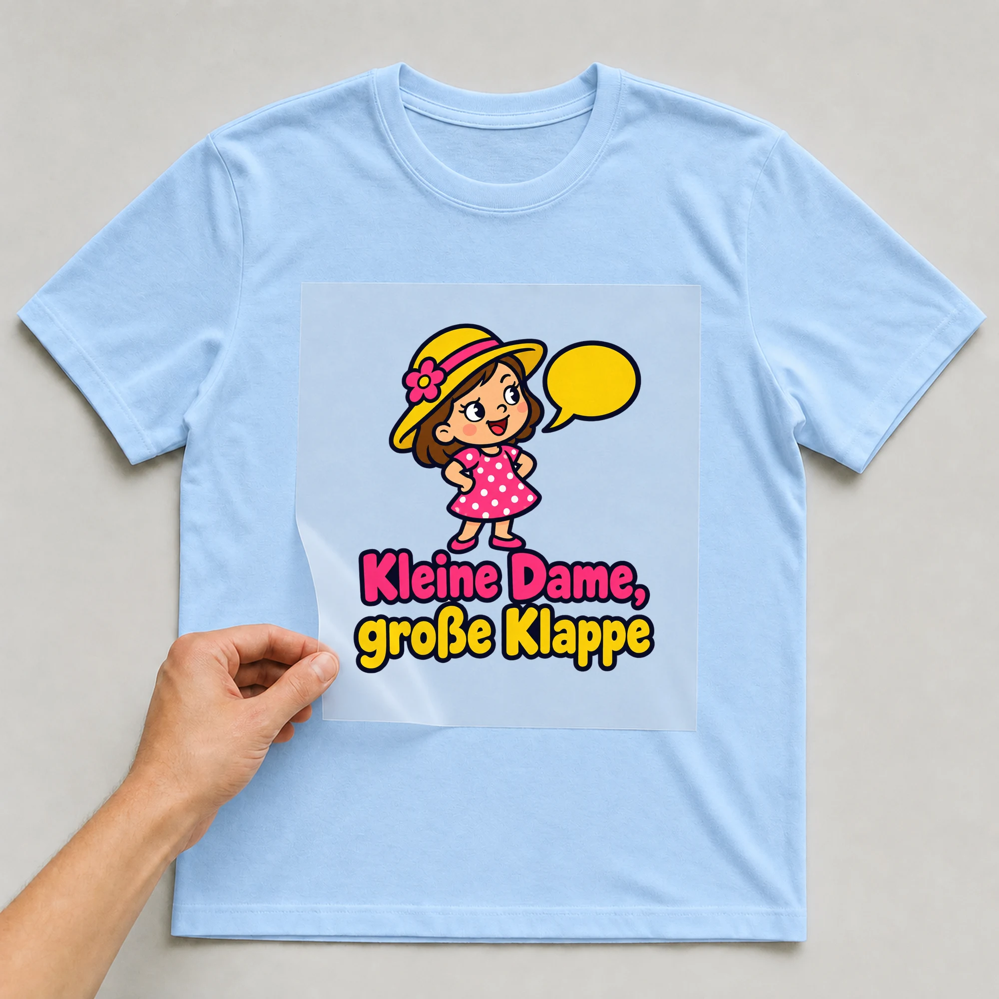 Bügelbild „Kleine Dame, große Klappe“ auf babyblauem T-Shirt, Folie wird aufgelegt