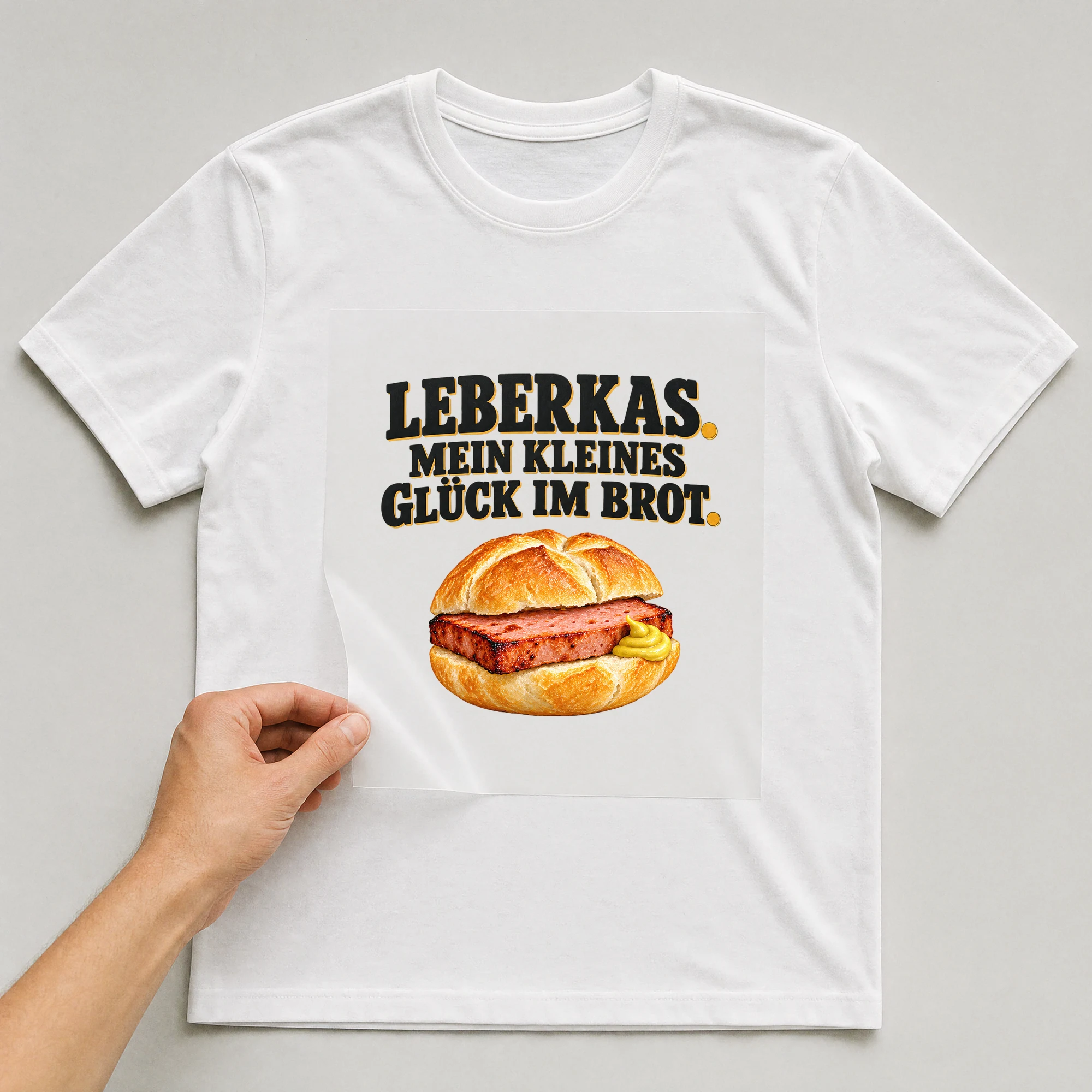 Bügelbild „LEBERKAS. MEIN KLEINES GLÜCK IM BROT.“ auf weißem T-Shirt, Folie wird aufgelegt