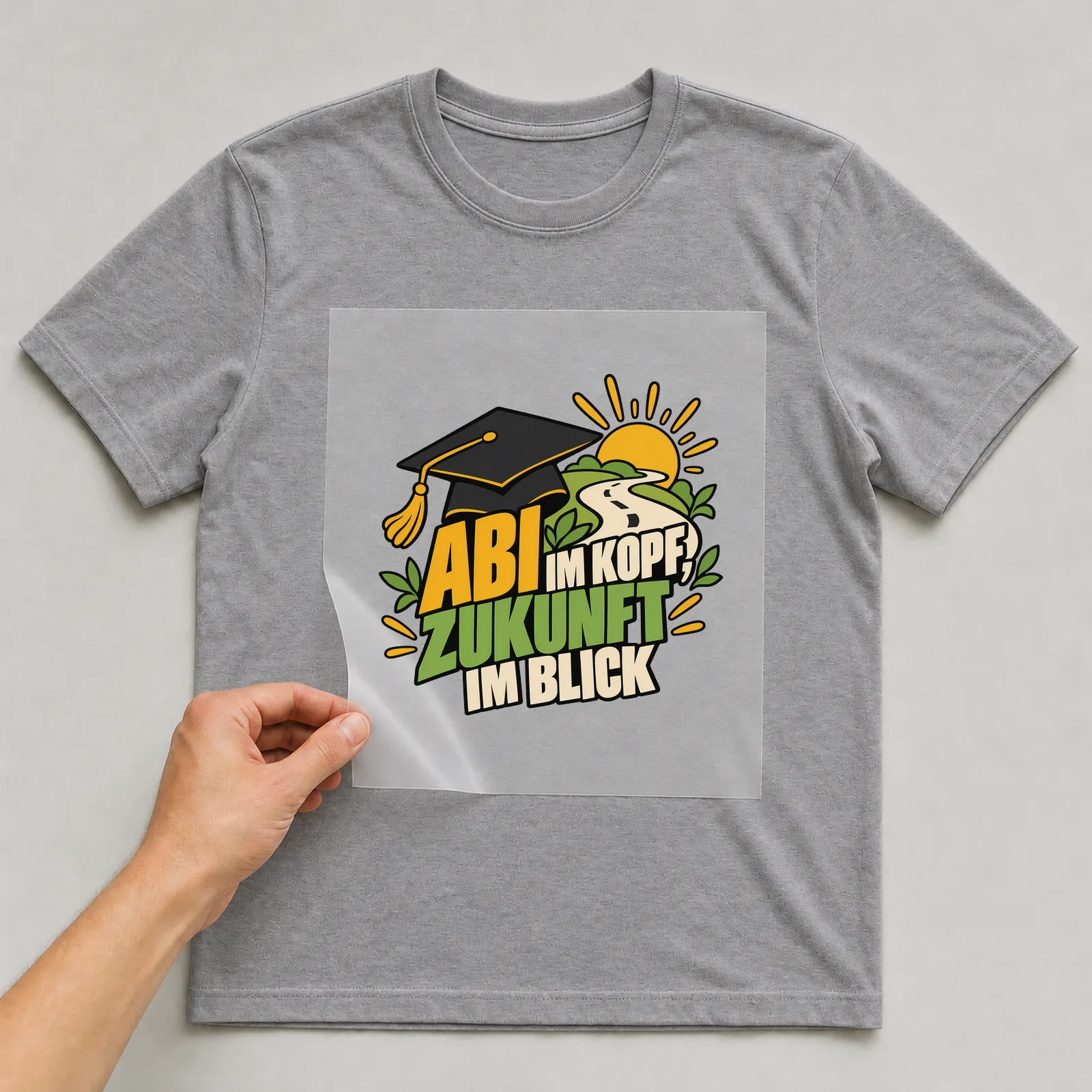 Bügelbild „Abi im Kopf, Zukunft im Blick“ auf grauem T-Shirt, Folie wird aufgelegt