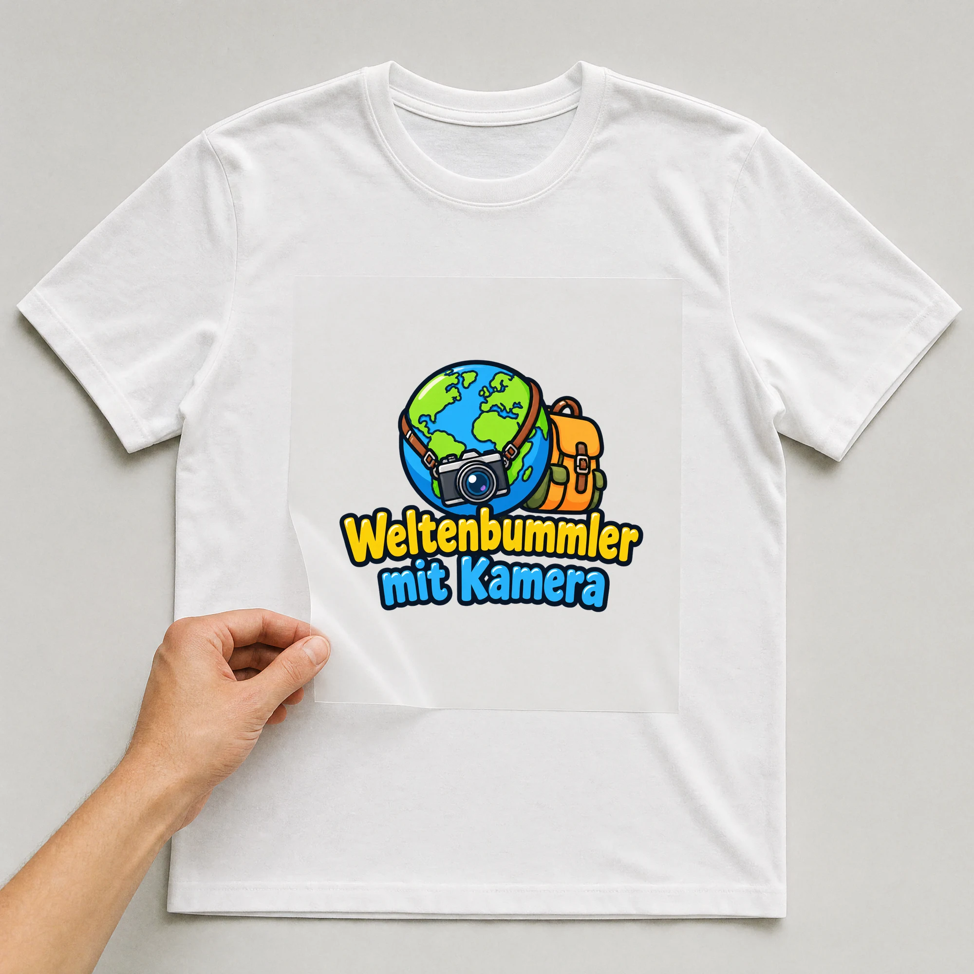 Bügelbild „Weltenbummler mit Kamera“ auf weißem T-Shirt, Folie wird aufgelegt