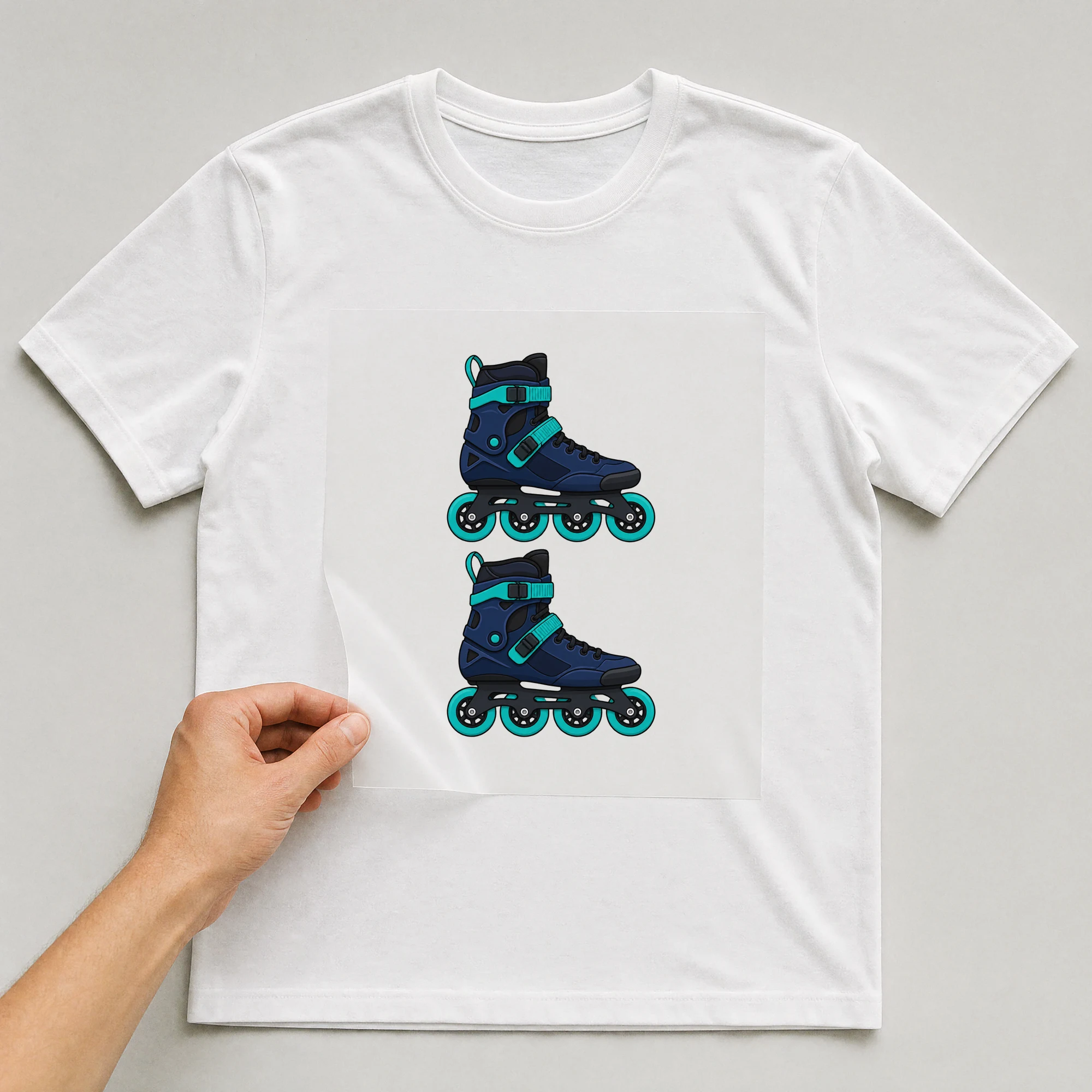 Bügelbild „Inline-Skates“ auf weißem T-Shirt, Folie wird aufgelegt