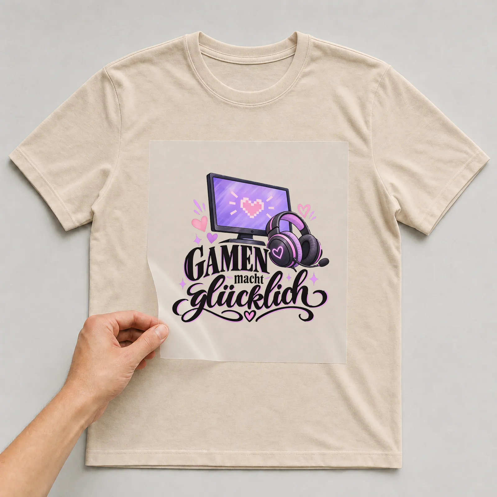 Bügelbild „Gamen macht glücklich“ auf beigem T-Shirt, Folie wird aufgelegt