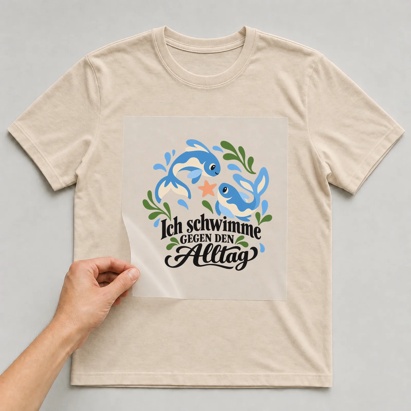 Bügelbild „Ich schwimme gegen den Alltag“ auf beigem T-Shirt, Folie wird aufgelegt