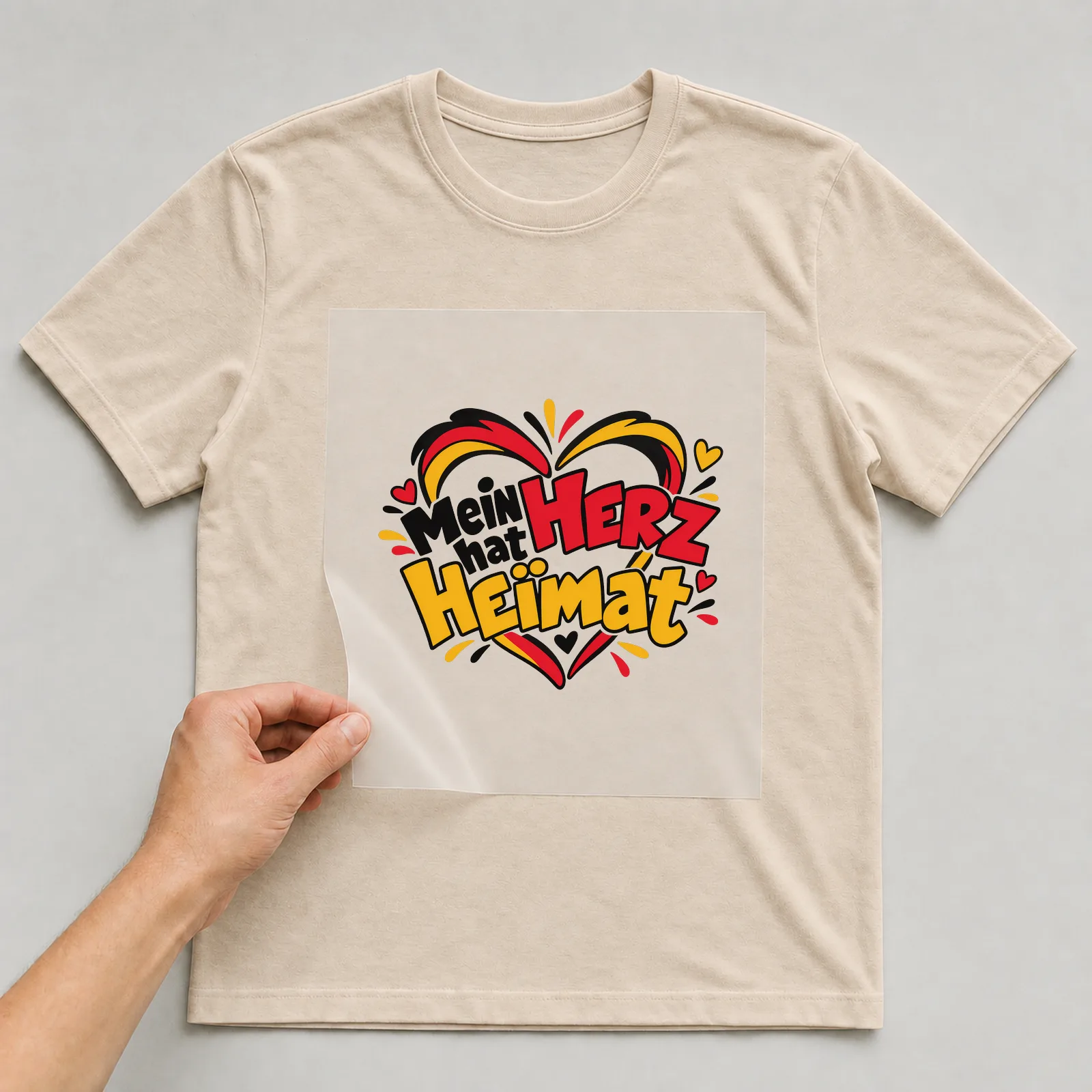 Bügelbild „Mein Herz hat Heimat“ auf beigem T-Shirt, Folie wird aufgelegt