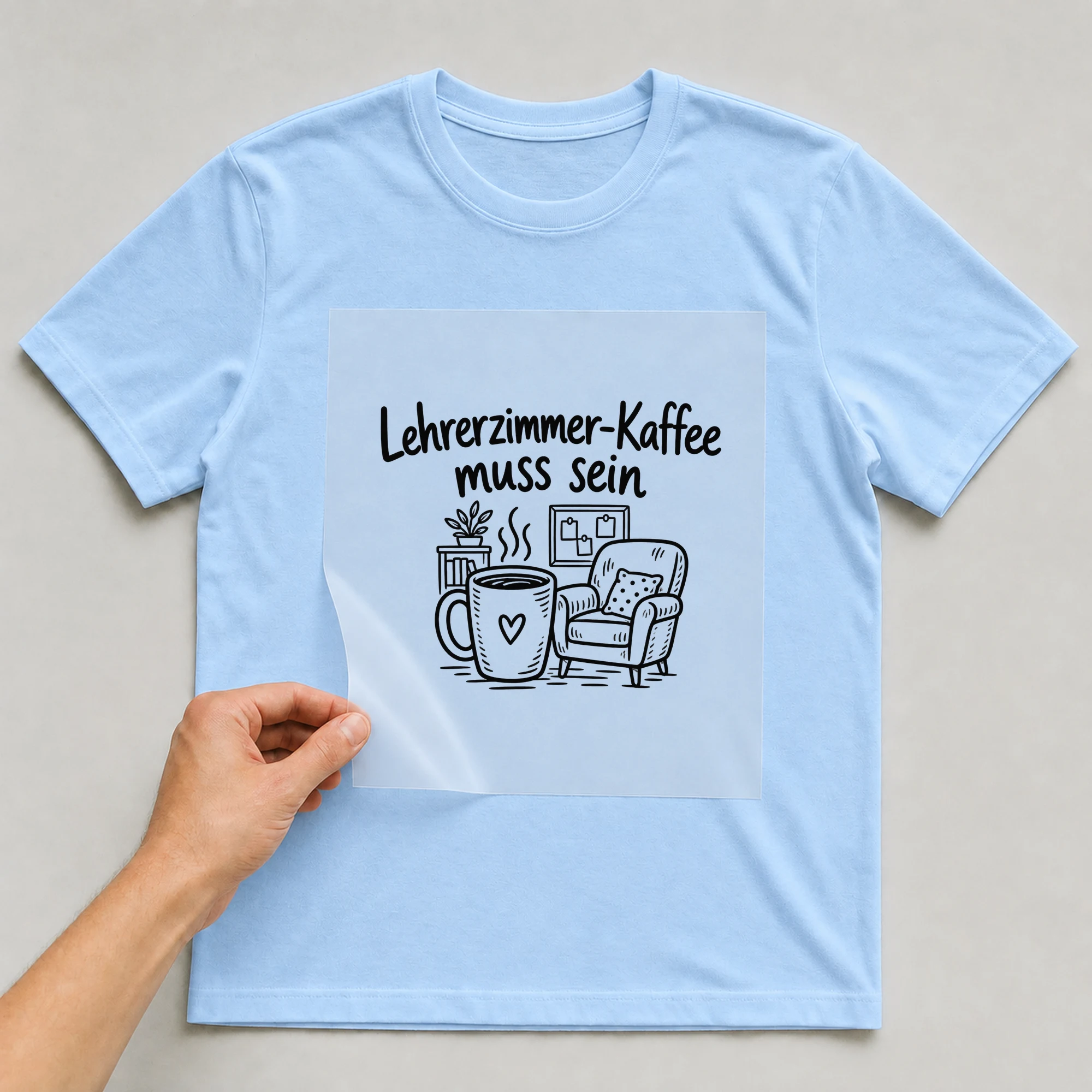 Bügelbild „Lehrerzimmer-Kaffee muss sein“ auf babyblauem T-Shirt, Folie wird aufgelegt