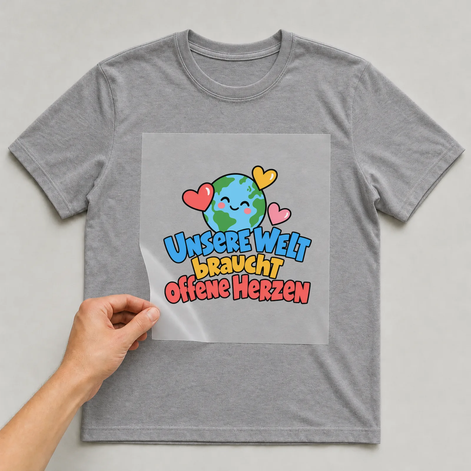 Bügelbild „Unsere Welt braucht offene Herzen“ auf grauem T-Shirt, Folie wird aufgelegt