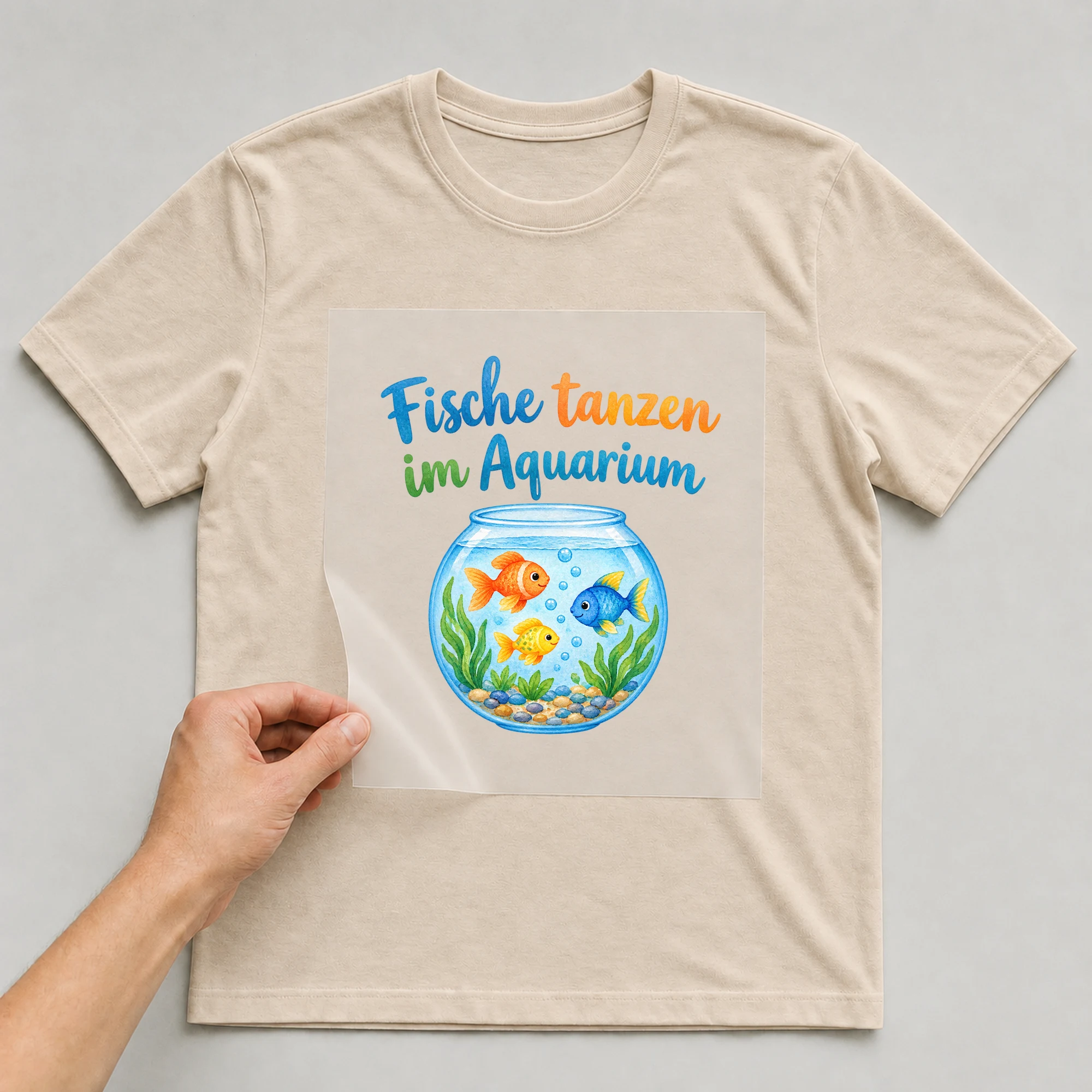 Bügelbild „Fische tanzen im Aquarium“ auf beigem T-Shirt, Folie wird aufgelegt