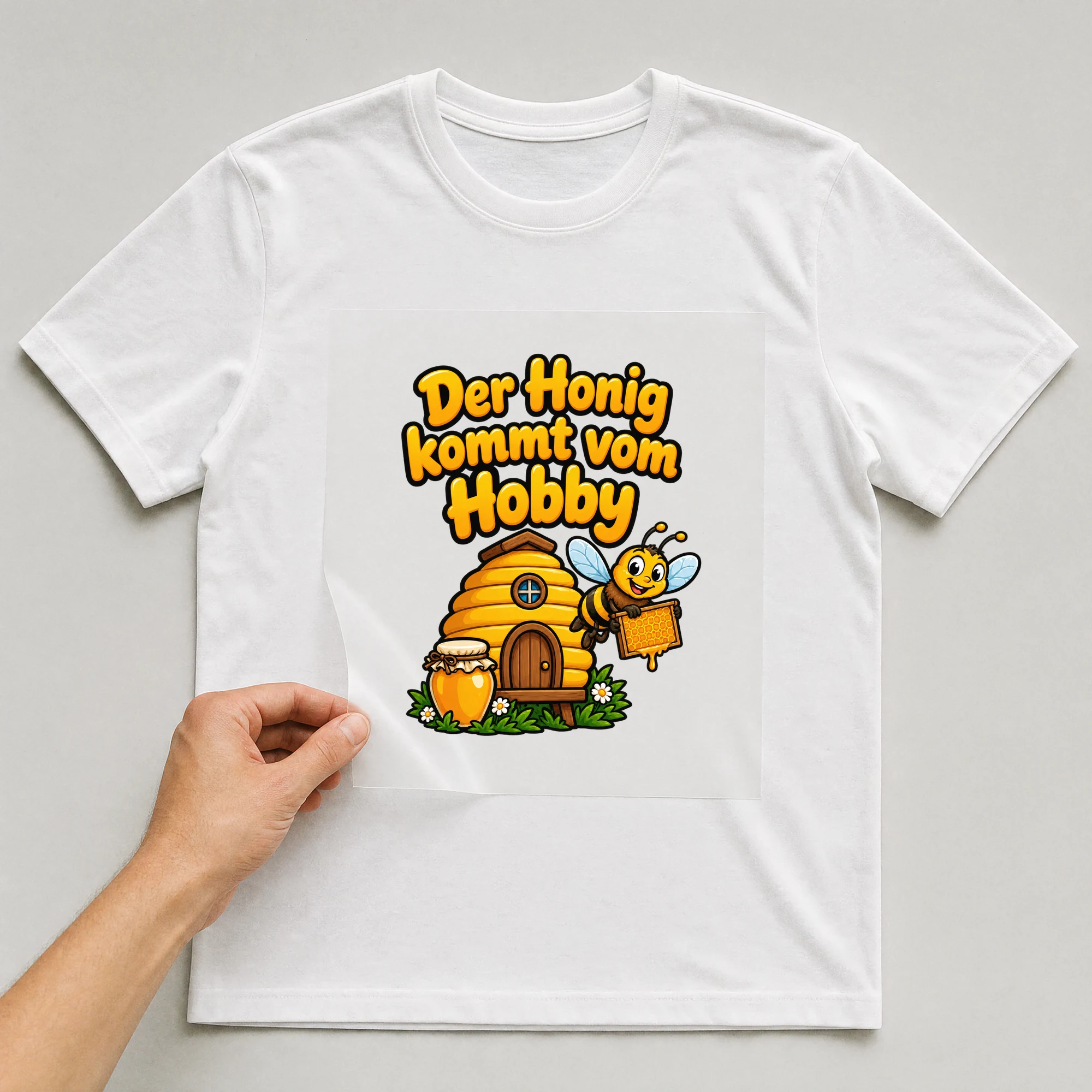Bügelbild „Der Honig kommt vom Hobby“ auf weißem T-Shirt, Folie wird aufgelegt