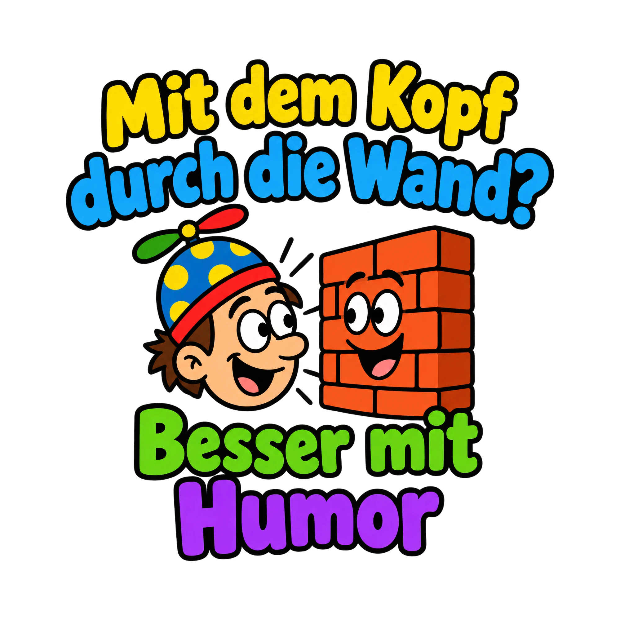 Bügelbild Mit dem Kopf durch die Wand? Besser mit Humor als Grafik auf weißem Hintergrund (BB018786)