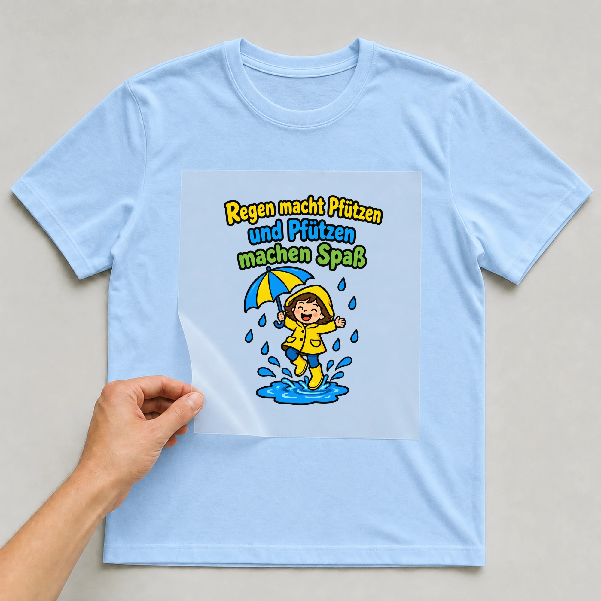 Bügelbild „Regen macht Pfützen und Pfützen machen Spaß“ auf babyblauem T-Shirt, Folie wird aufgelegt