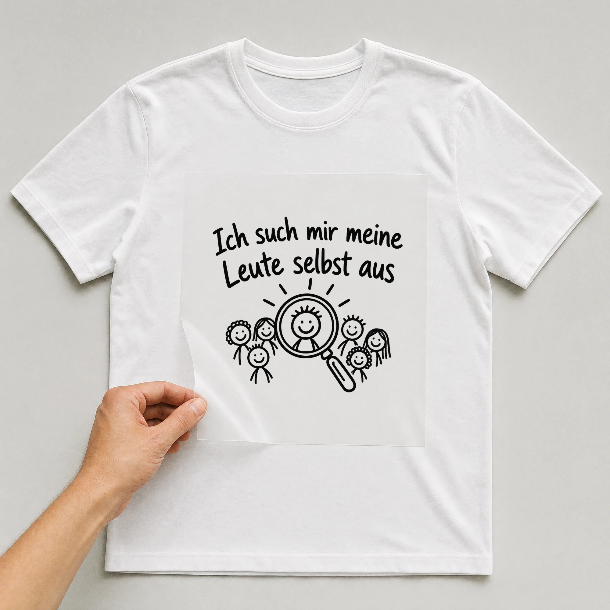 Bügelbild „Ich such mir meine Leute selbst aus“ auf weißem T-Shirt, Folie wird aufgelegt