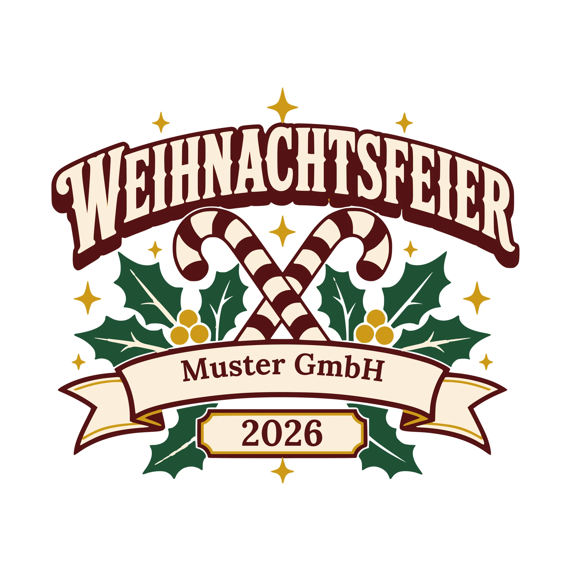 Bügelbild Weihnachtsfeier mit Firma und Jahr als Grafik auf weißem Hintergrund (BB010366)