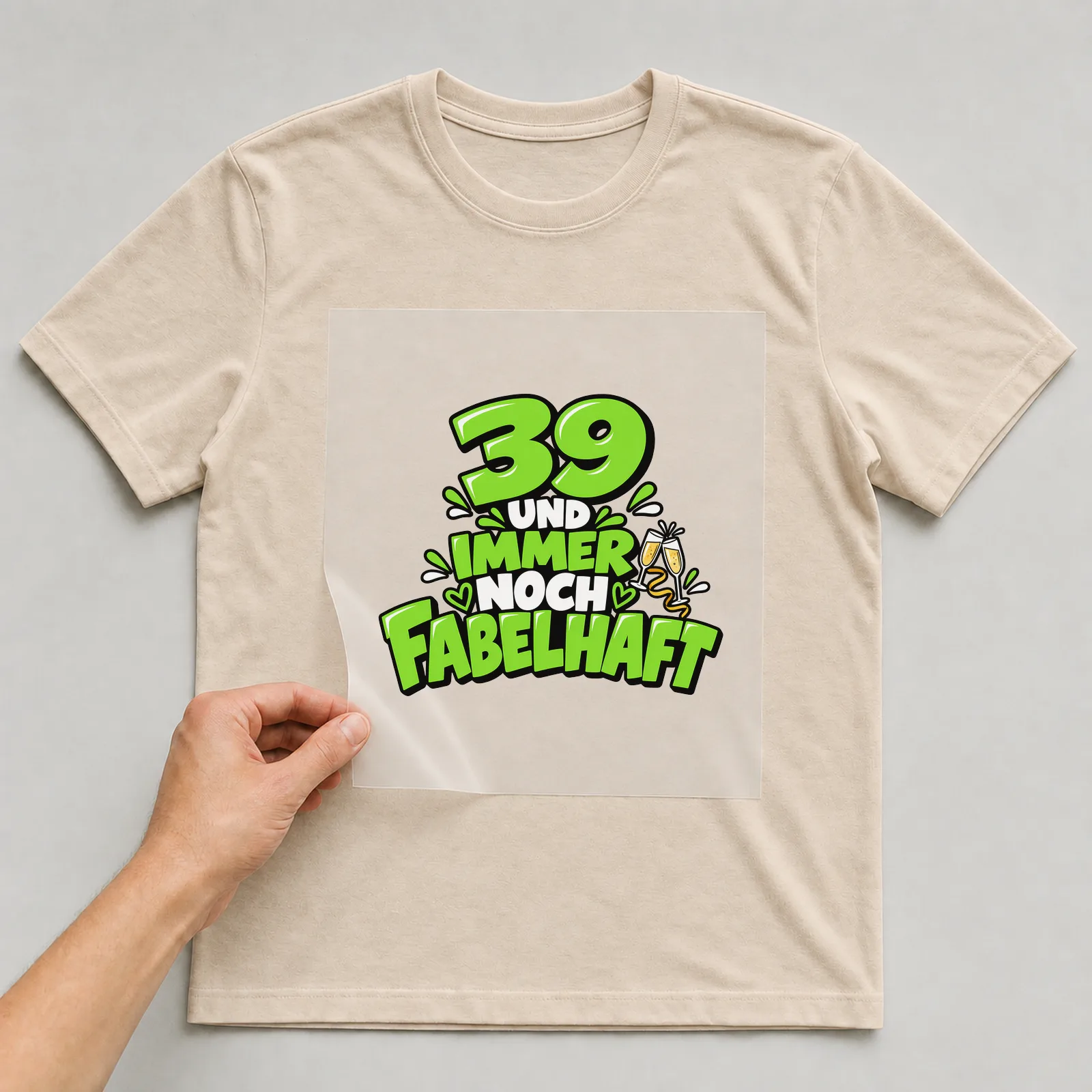 Bügelbild „39 und immer noch fabelhaft“ auf beigem T-Shirt, Folie wird aufgelegt