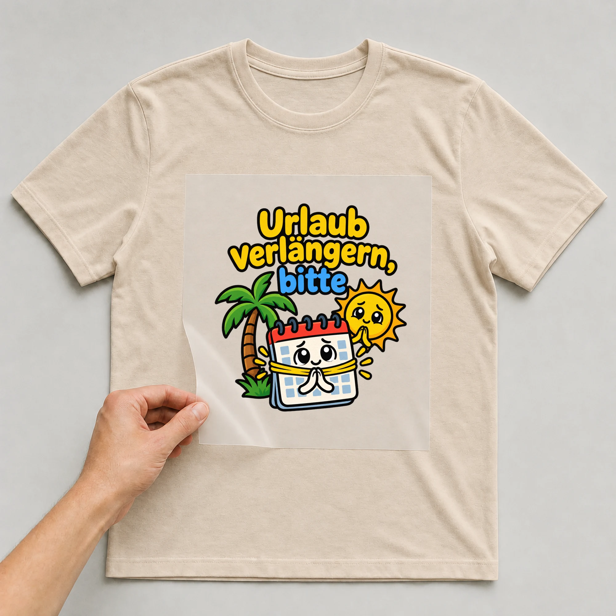 Bügelbild „Urlaub verlängern, bitte“ auf beigem T-Shirt, Folie wird aufgelegt