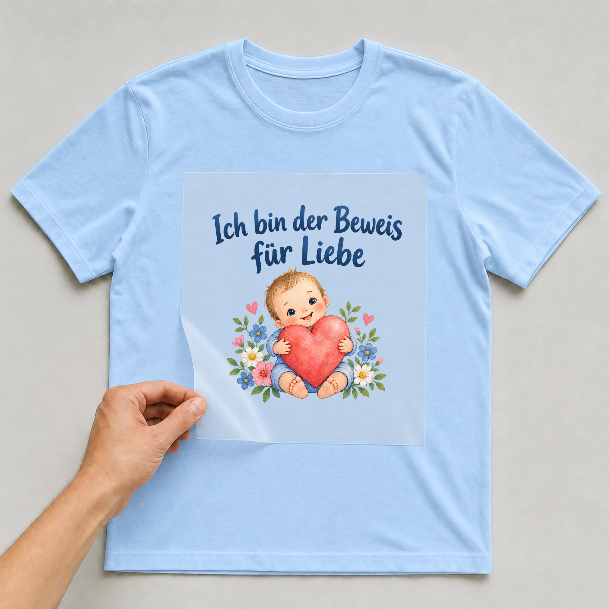 Bügelbild „Ich bin der Beweis für Liebe“ auf babyblauem T-Shirt, Folie wird aufgelegt
