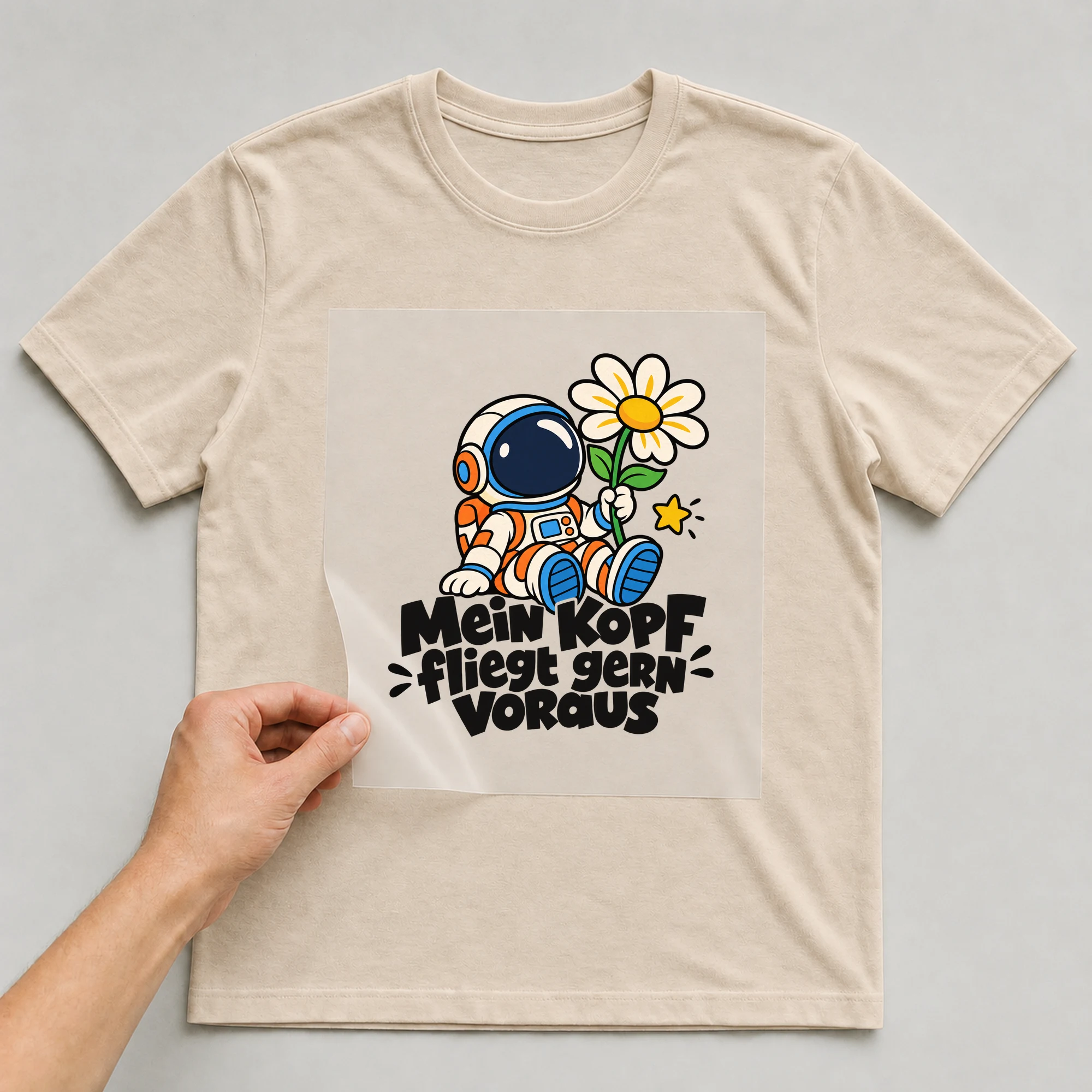 Bügelbild „Mein Kopf fliegt gern voraus“ auf beigem T-Shirt, Folie wird aufgelegt