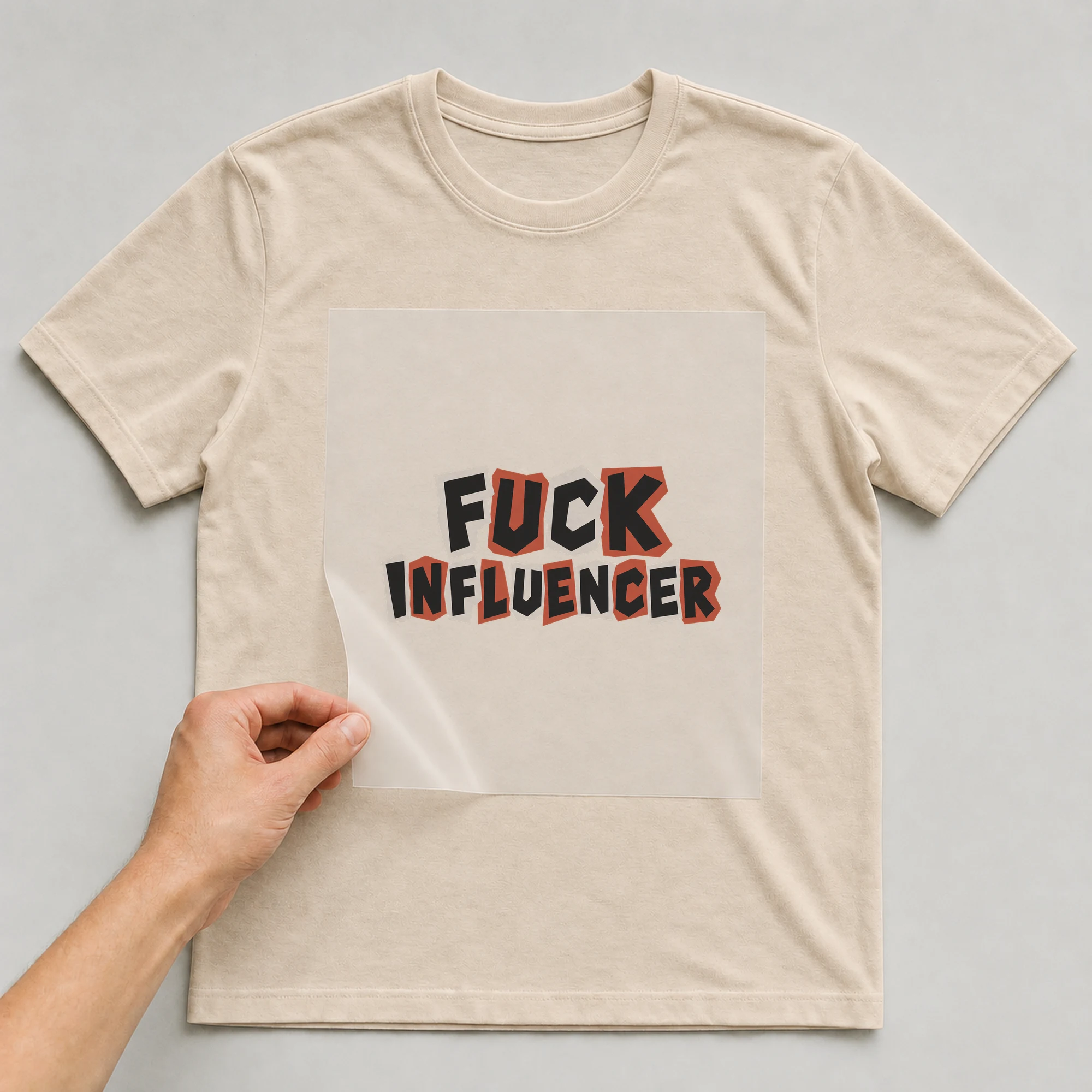 Bügelbild „F*ck Influencer“ auf beigem T-Shirt, Folie wird aufgelegt