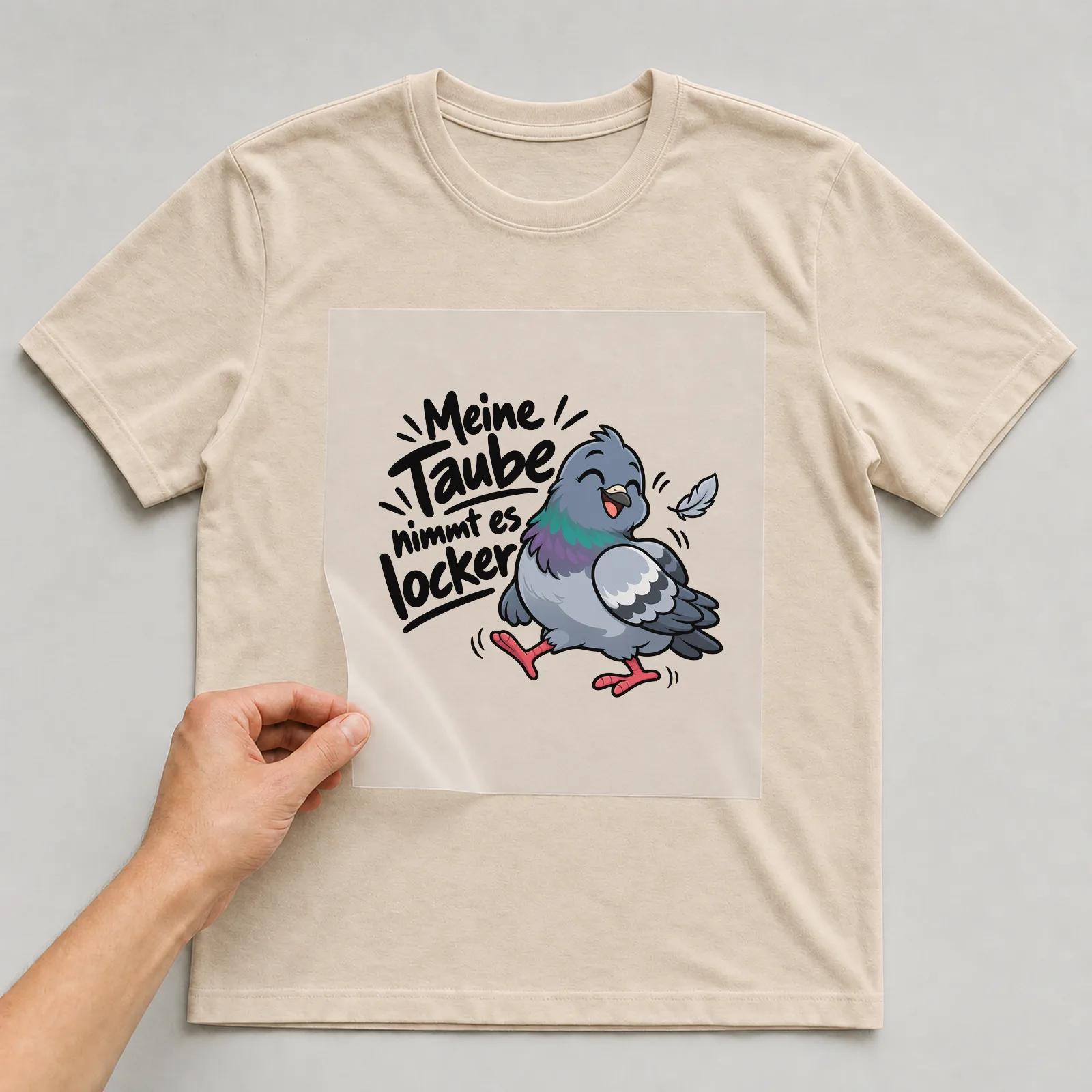 Bügelbild „Meine Taube nimmt es locker“ auf beigem T-Shirt, Folie wird aufgelegt
