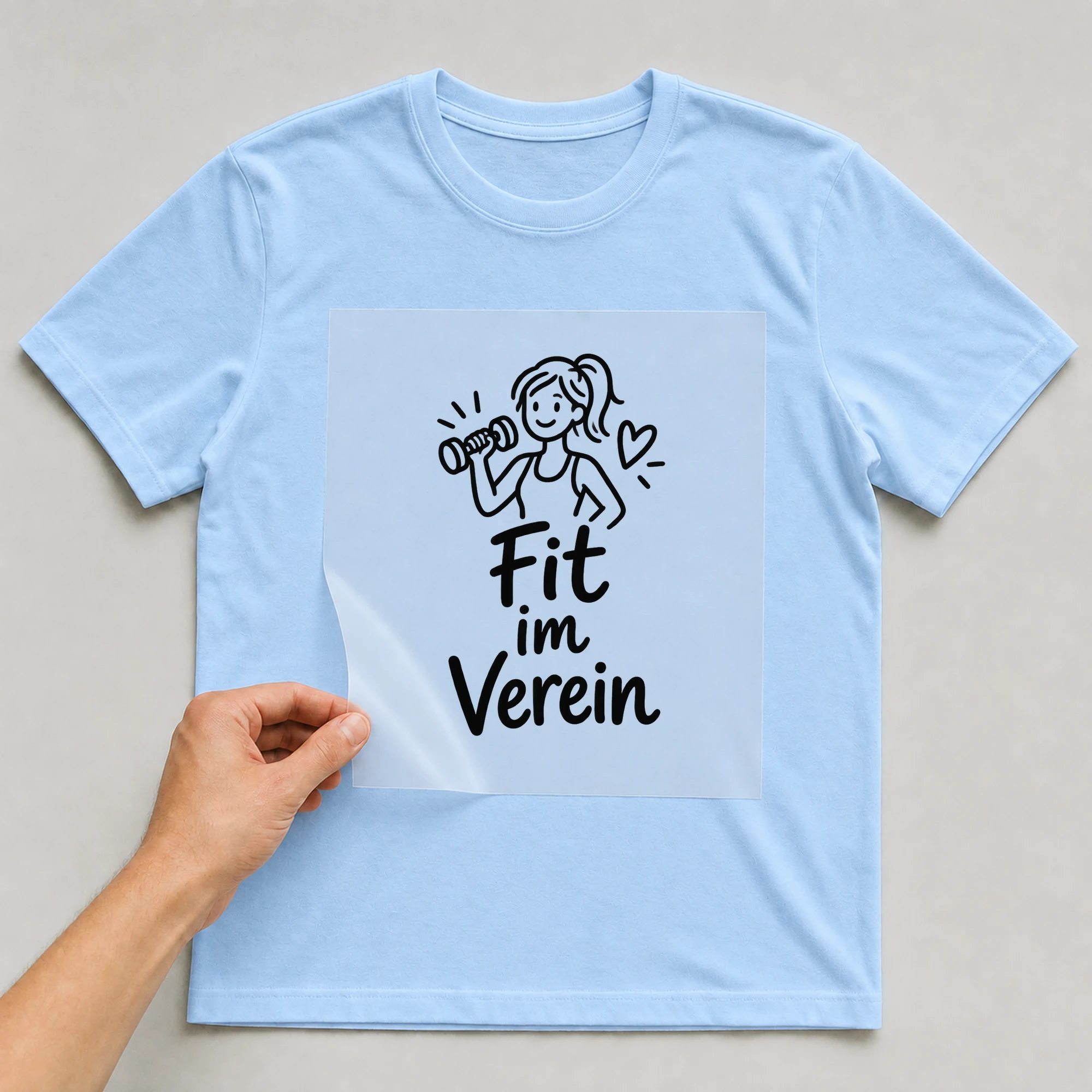 Bügelbild „Fit im Verein“ auf babyblauem T-Shirt, Folie wird aufgelegt