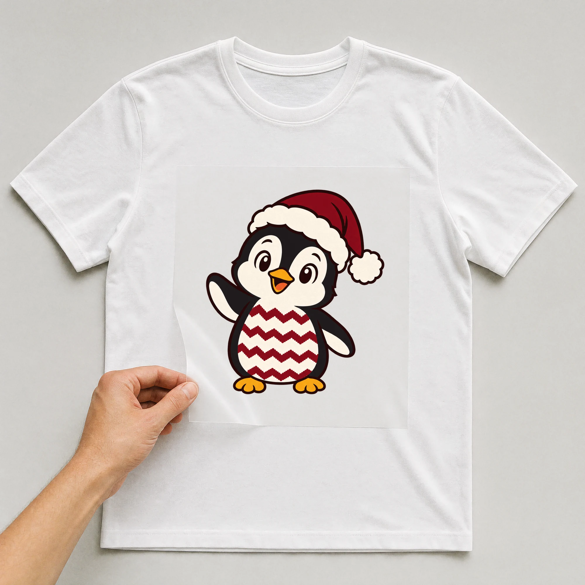 Bügelbild „BB021174-motiv-r03743“ auf weißem T-Shirt, Folie wird aufgelegt