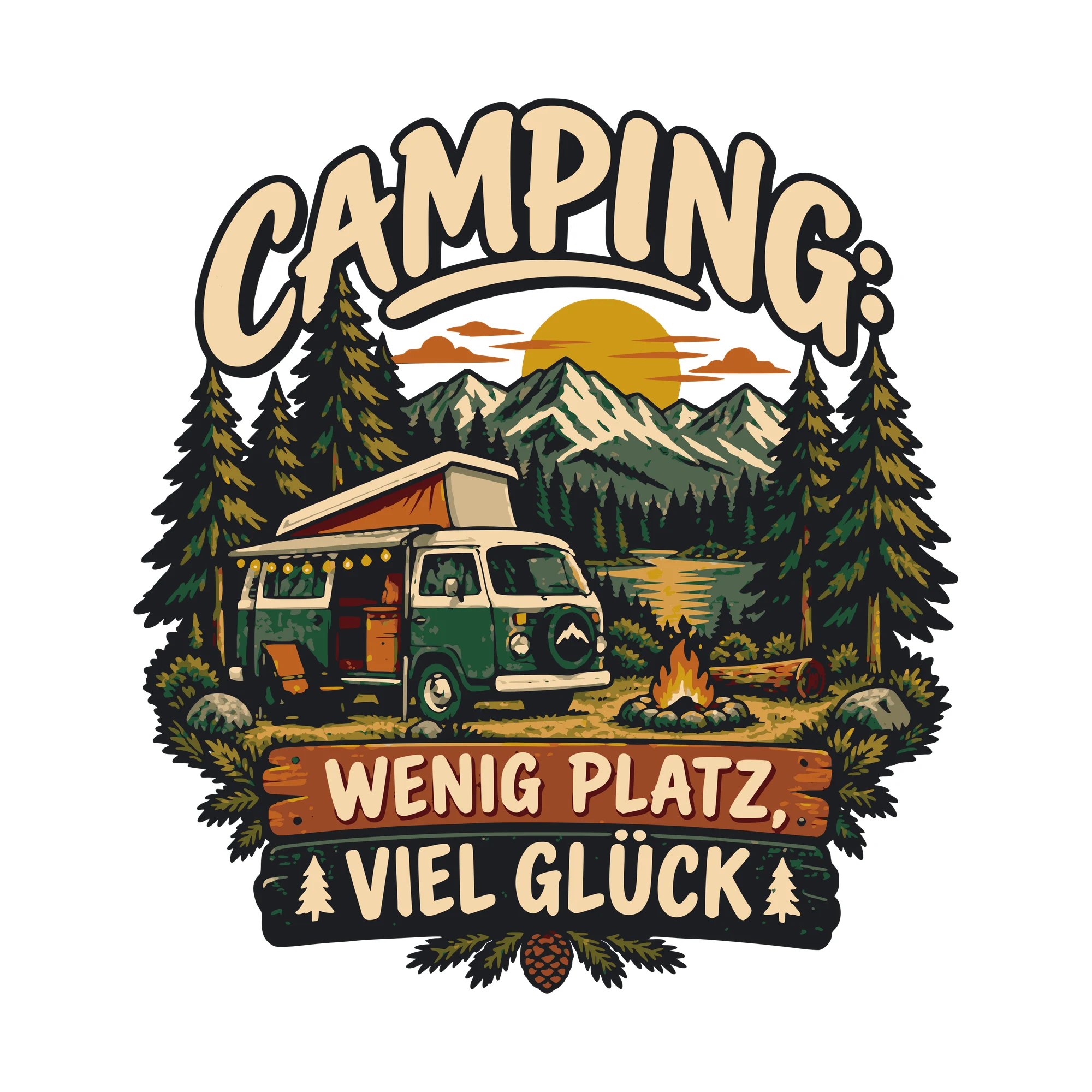 Bügelbild Camping: wenig Platz, viel Glück als Grafik auf weißem Hintergrund (BB011067)