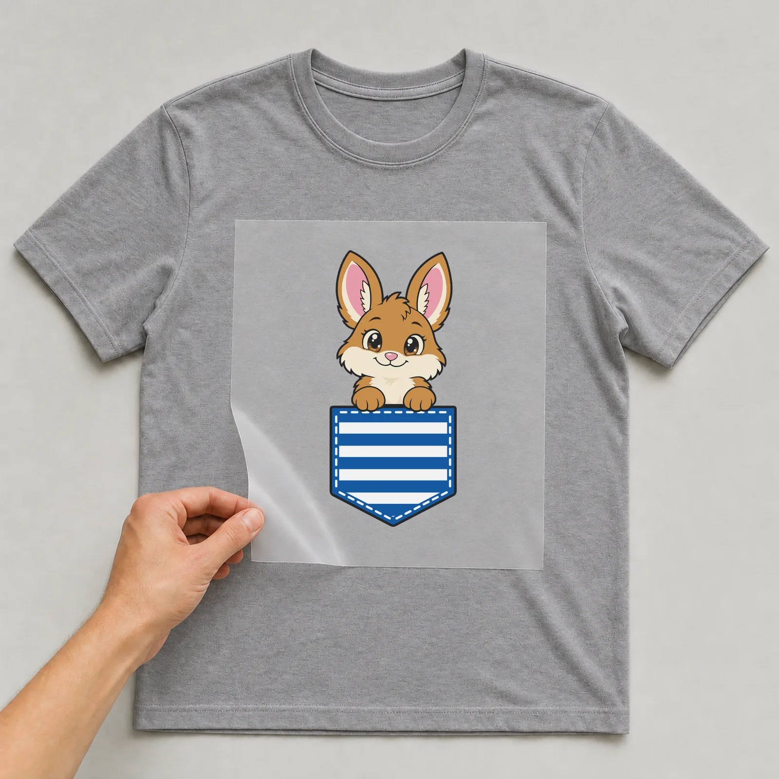 Bügelbild Brusttasche Hase auf grauem T-Shirt, Folie wird aufgelegt