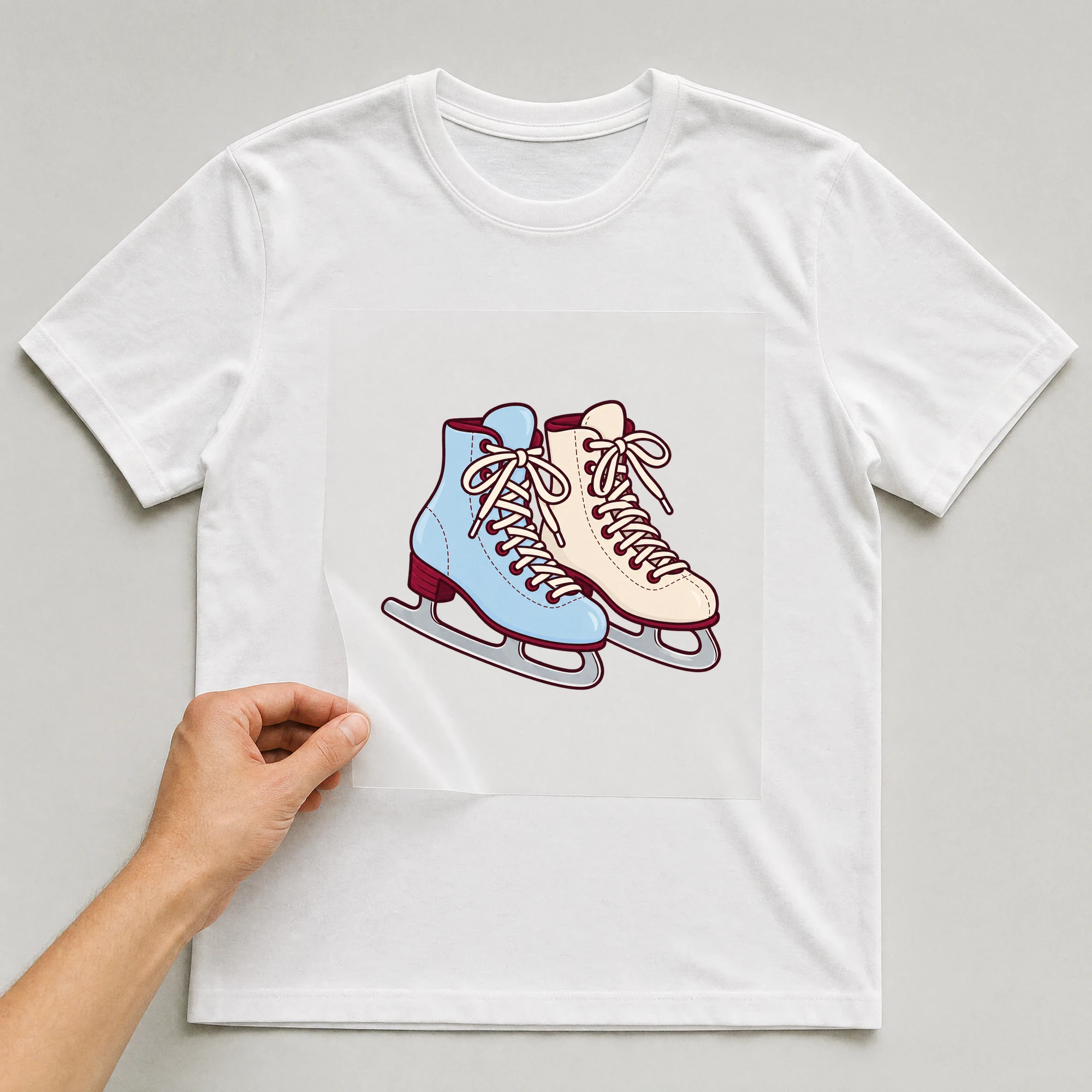 Bügelbild „BB021114-motiv-r03592“ auf weißem T-Shirt, Folie wird aufgelegt