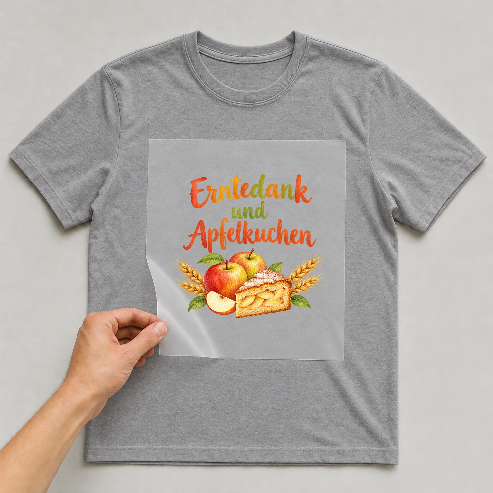 Bügelbild „Erntedank und Apfelkuchen“ auf grauem T-Shirt, Folie wird aufgelegt