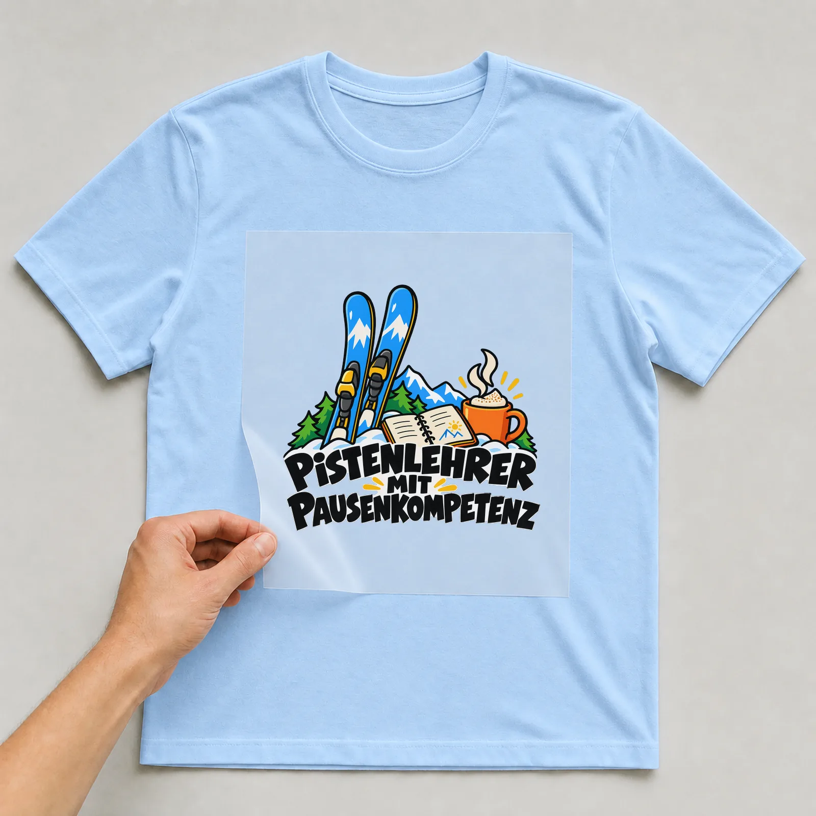 Bügelbild „Pistenlehrer mit Pausenkompetenz“ auf hellblauem T-Shirt, Folie wird aufgelegt