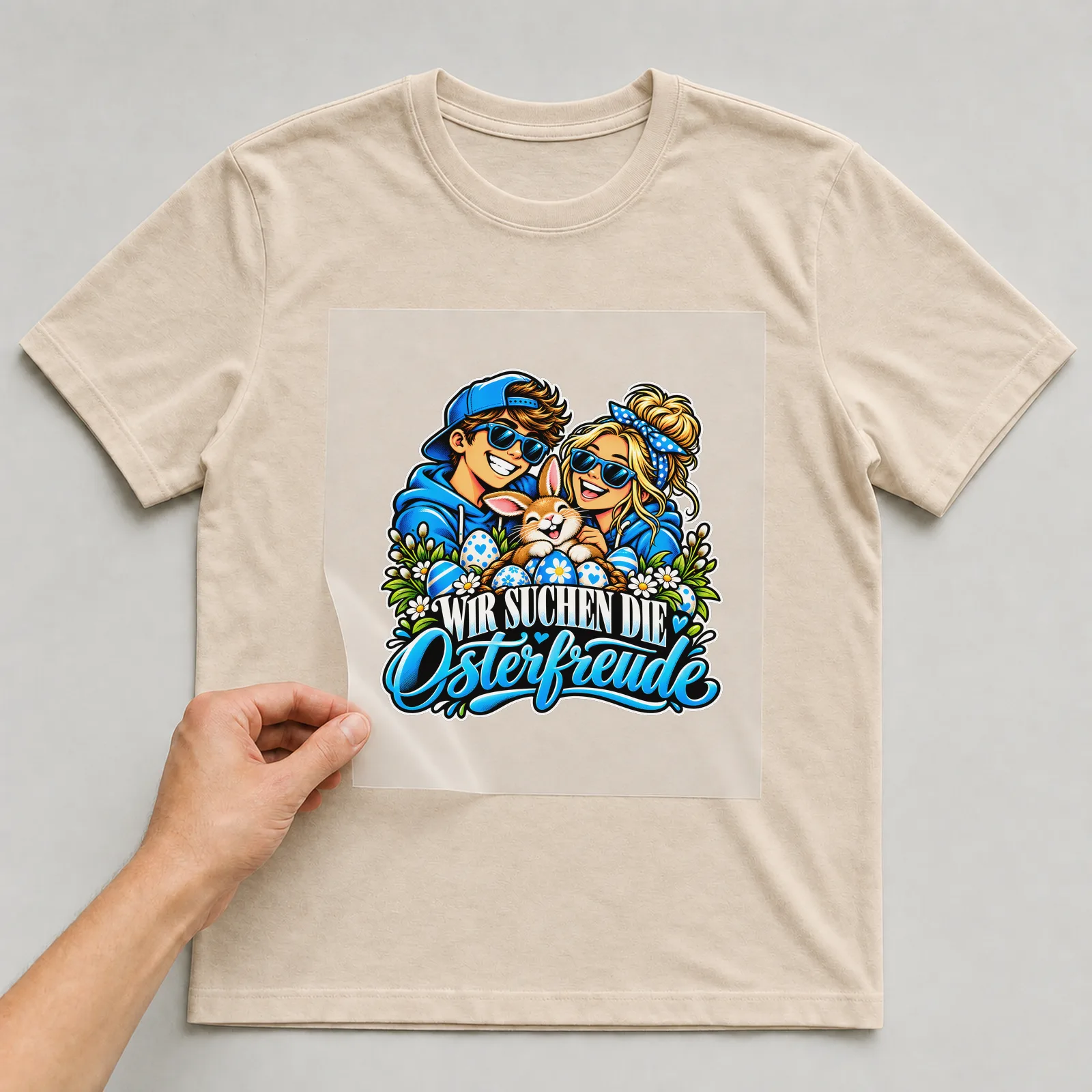 Bügelbild „Wir suchen die Osterfreude“ auf beigem T-Shirt, Folie wird aufgelegt