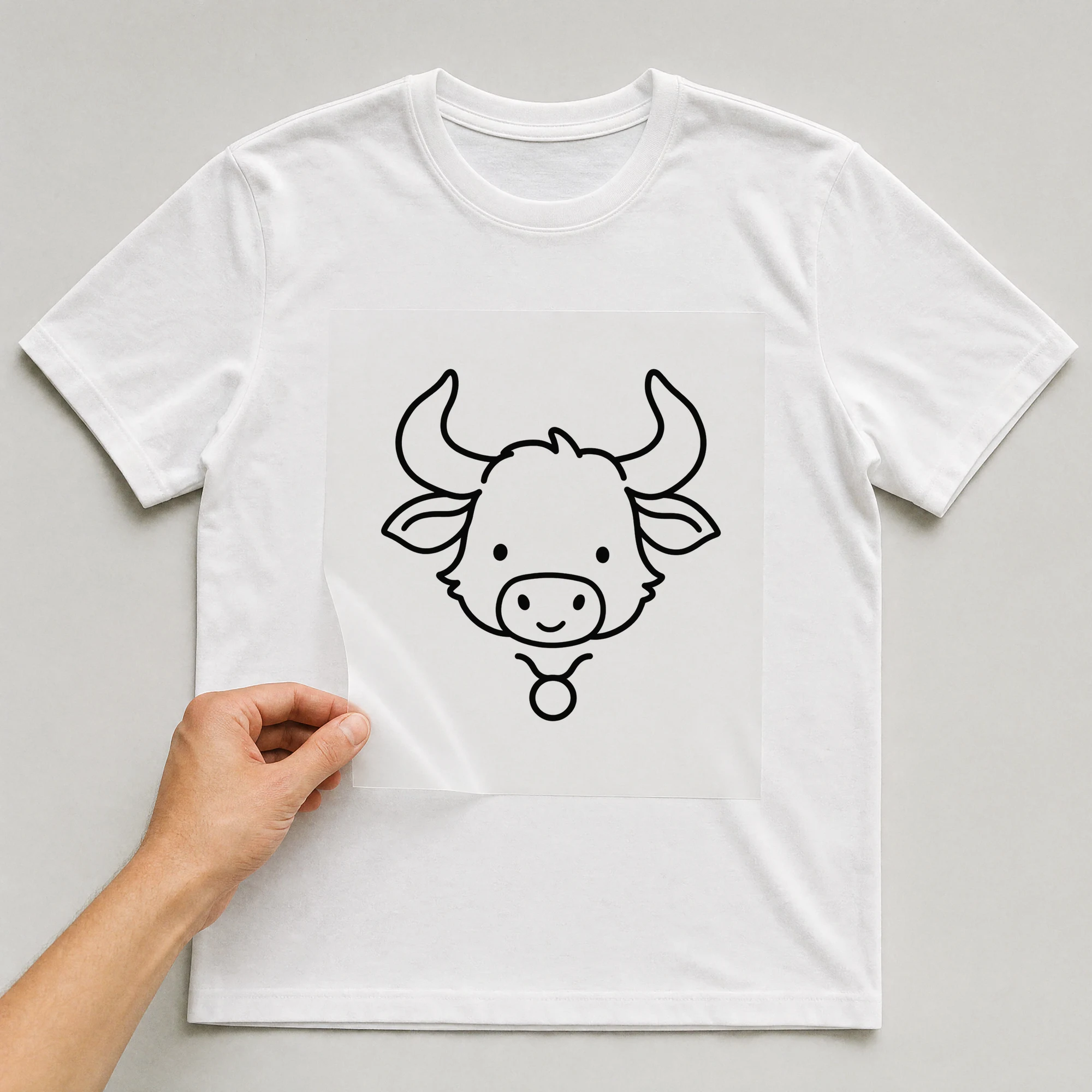 Bügelbild „Kritzel Stil Sternzeichen Stier“ auf weißem T-Shirt, Folie wird aufgelegt