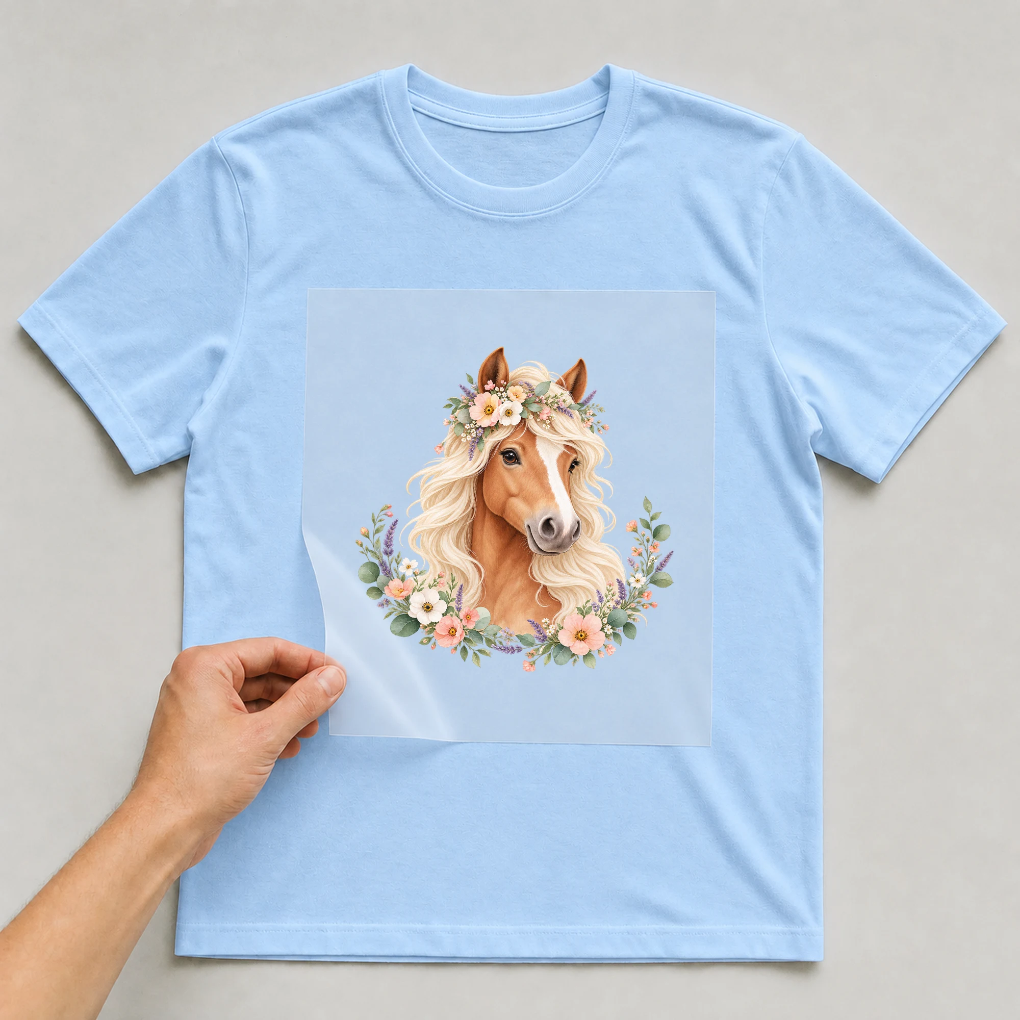 Bügelbild „Pony im Aquarell-Stil“ auf babyblauem T-Shirt, Folie wird aufgelegt